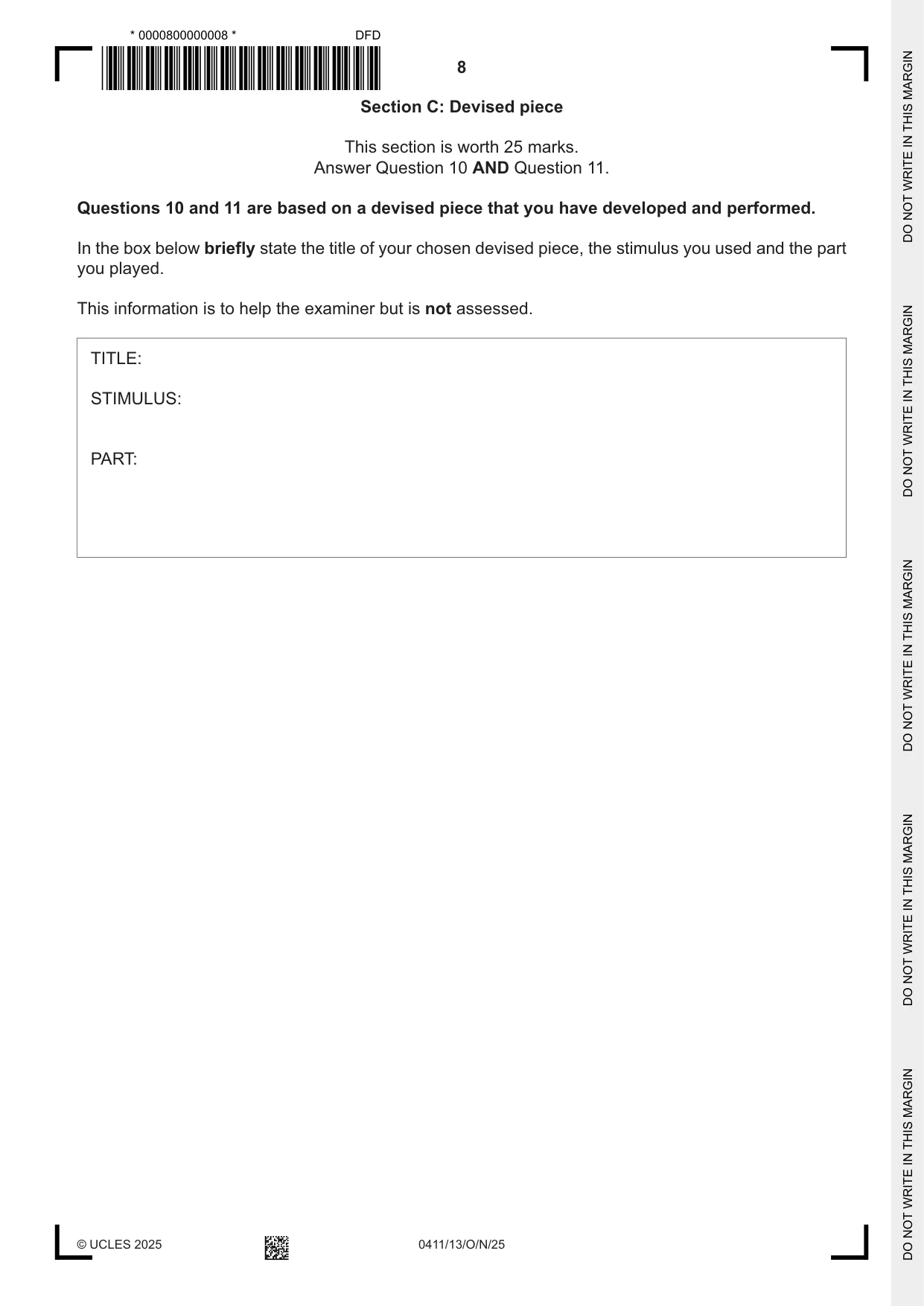 Cambridge IGCSE Drama 0411 2025 Oct/Nov Paper 1 · Variant 3 question paper, page 8 of 12