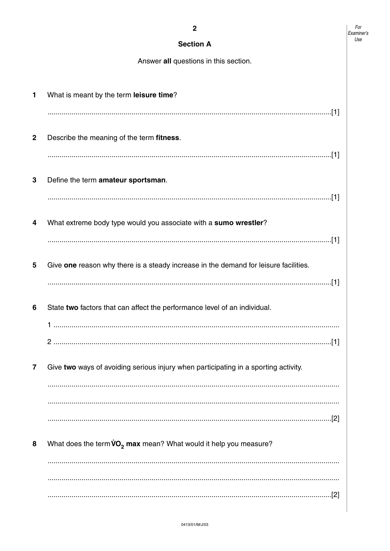 Cambridge IGCSE Physical Education 0413 2003 May/June Paper 1 · Variant 1 question paper, page 2 of 12