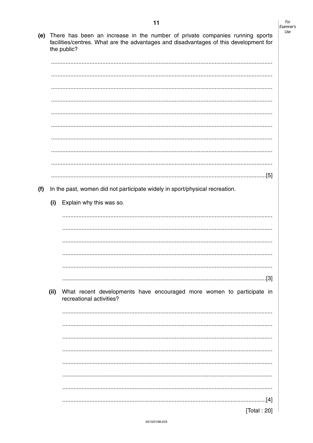 Cambridge IGCSE Physical Education 0413 2003 May/June Paper 1 · Variant 1 question paper, page 11 of 12