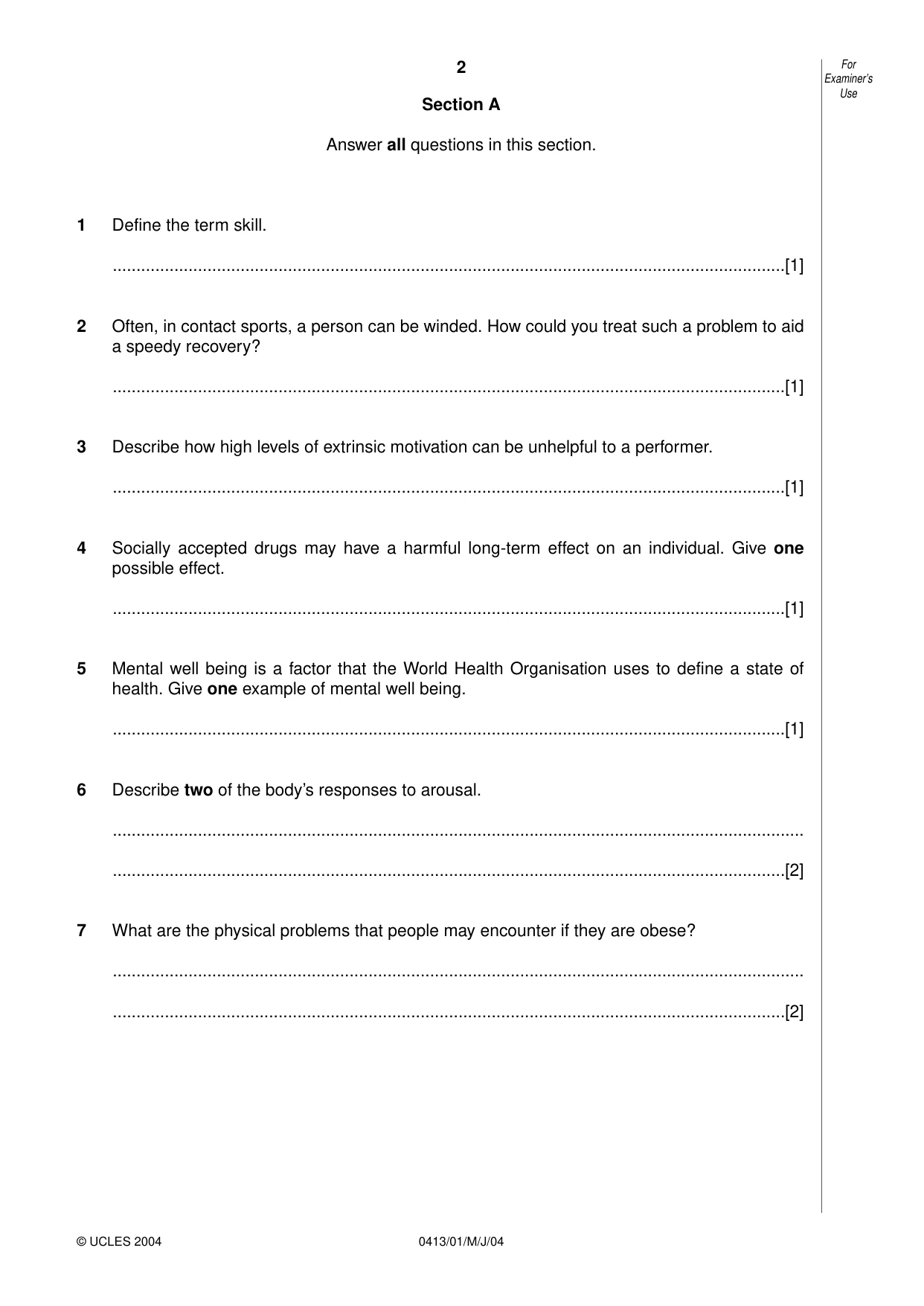 Cambridge IGCSE Physical Education 0413 2004 May/June Paper 1 · Variant 1 question paper, page 2 of 12