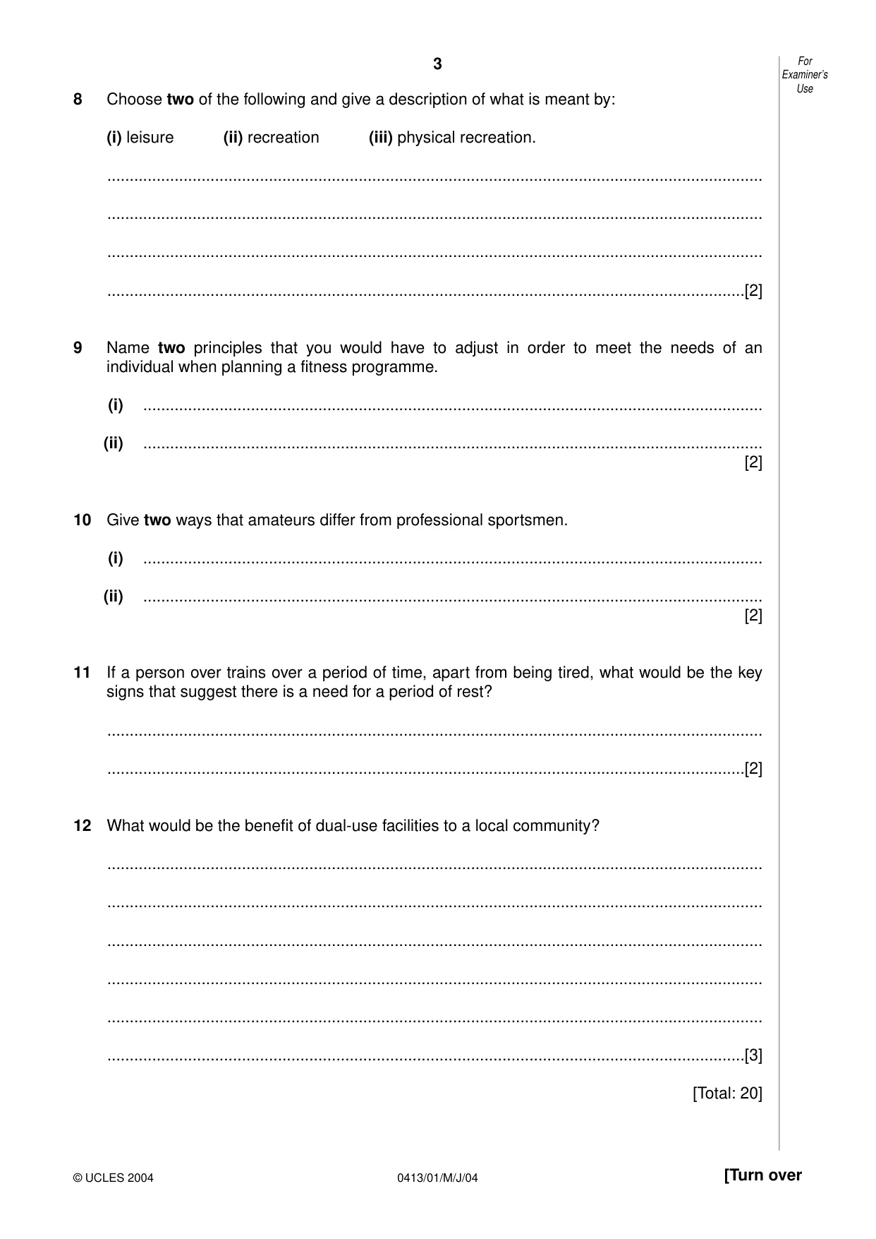 Cambridge IGCSE Physical Education 0413 2004 May/June Paper 1 · Variant 1 question paper, page 3 of 12