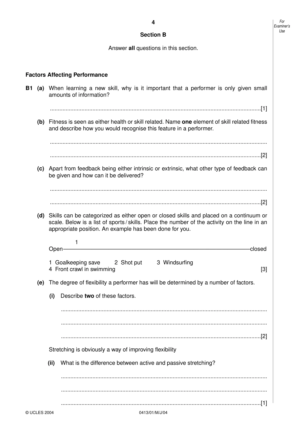 Cambridge IGCSE Physical Education 0413 2004 May/June Paper 1 · Variant 1 question paper, page 4 of 12