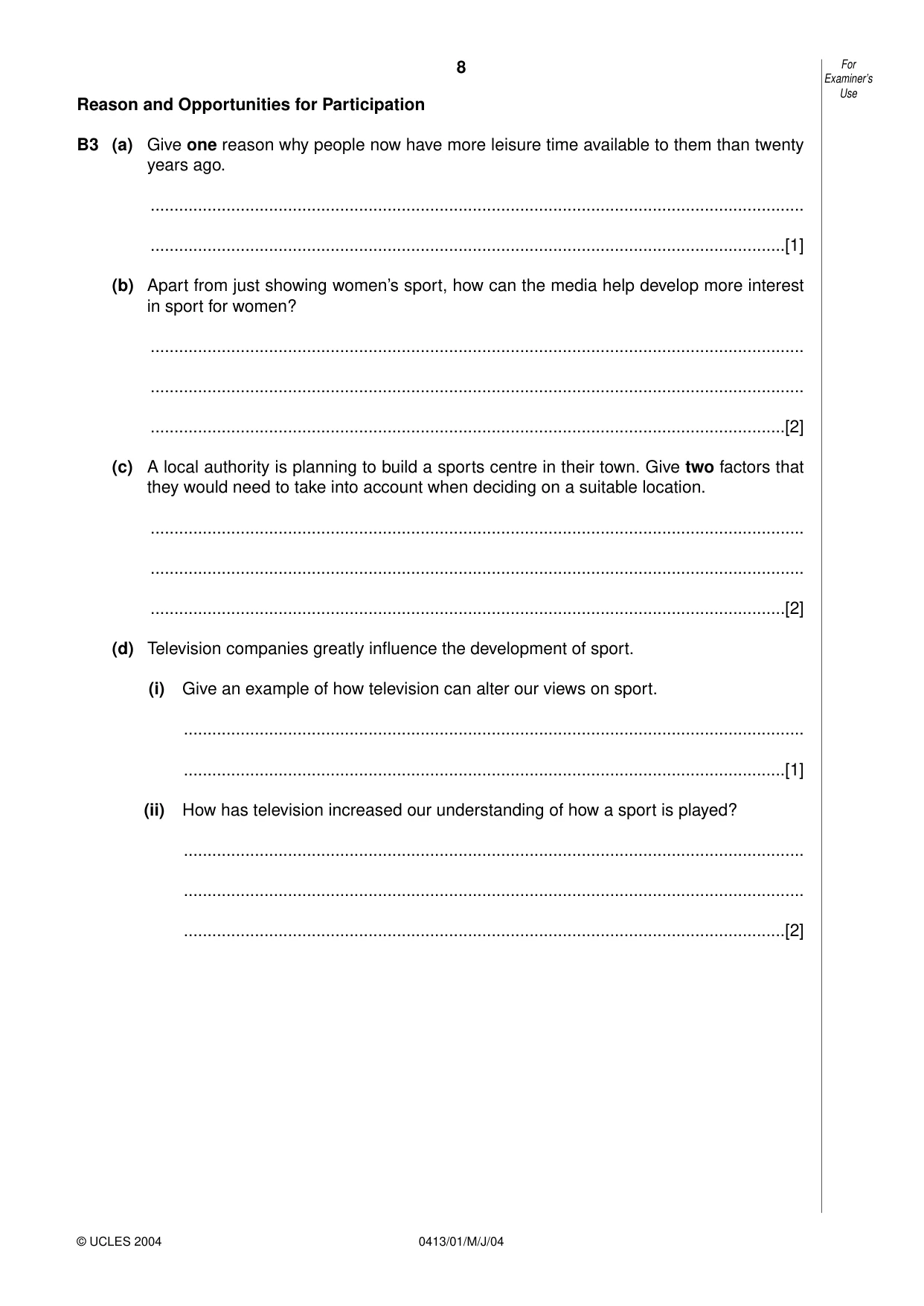 Cambridge IGCSE Physical Education 0413 2004 May/June Paper 1 · Variant 1 question paper, page 8 of 12