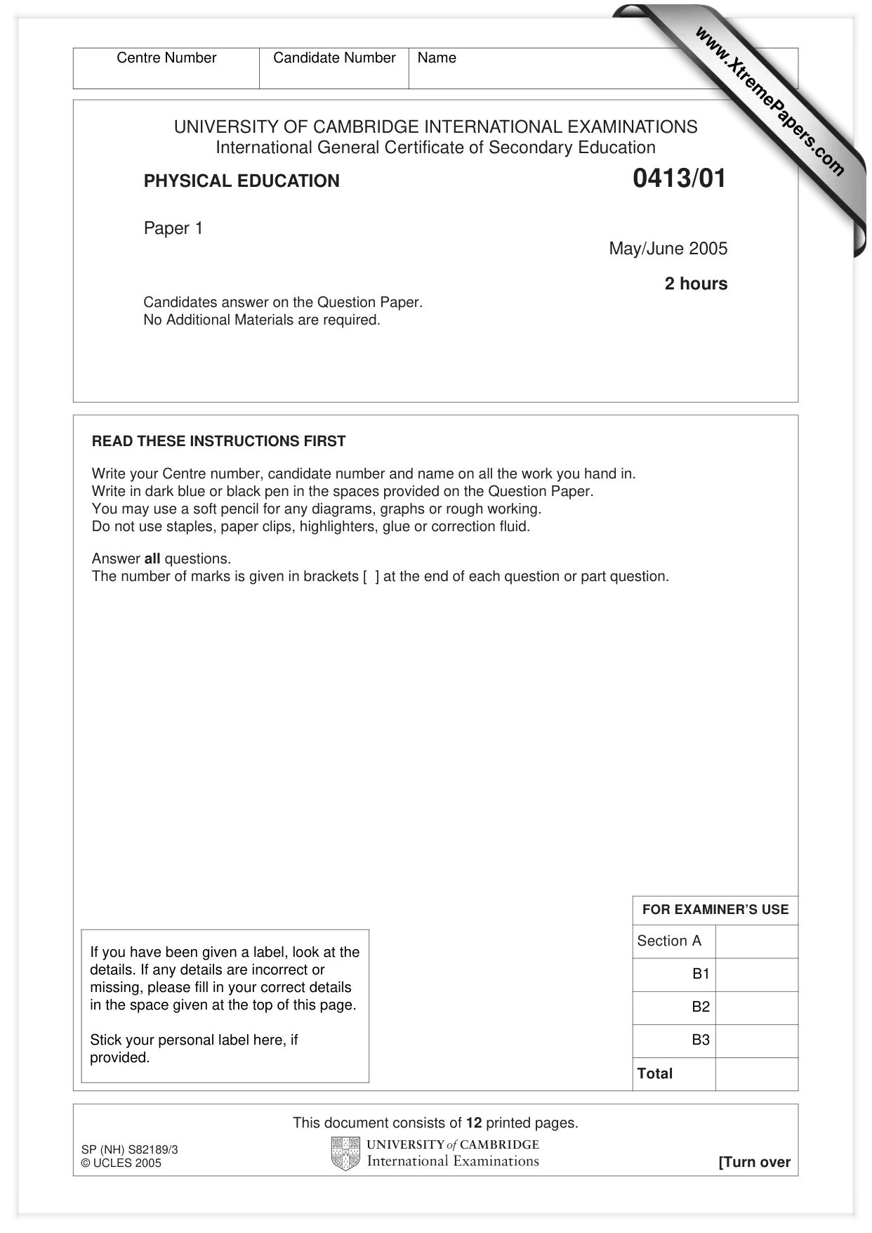 Cambridge IGCSE Physical Education 0413 2005 May/June Paper 1 · Variant 1 question paper, page 1 of 12