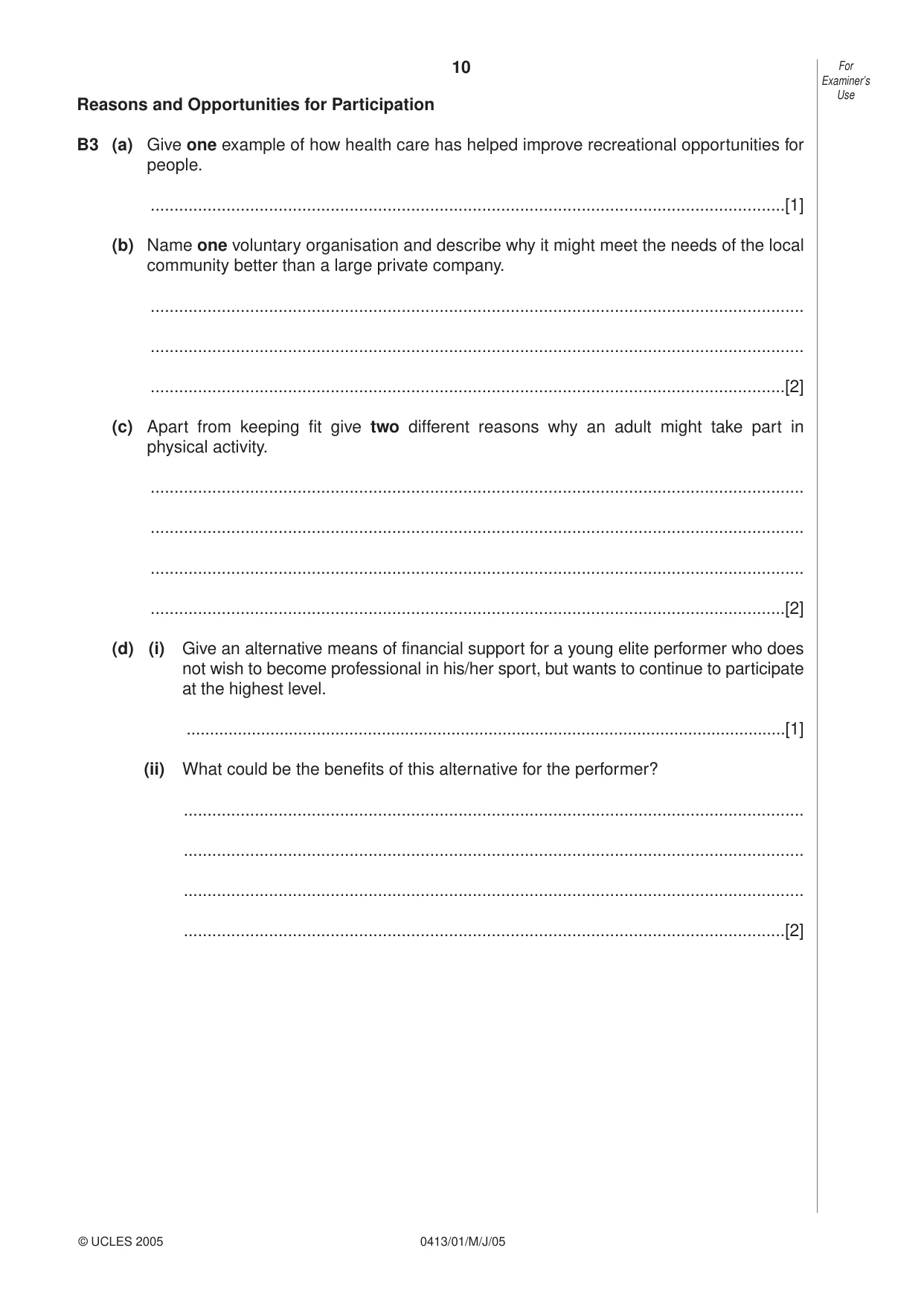 Cambridge IGCSE Physical Education 0413 2005 May/June Paper 1 · Variant 1 question paper, page 10 of 12