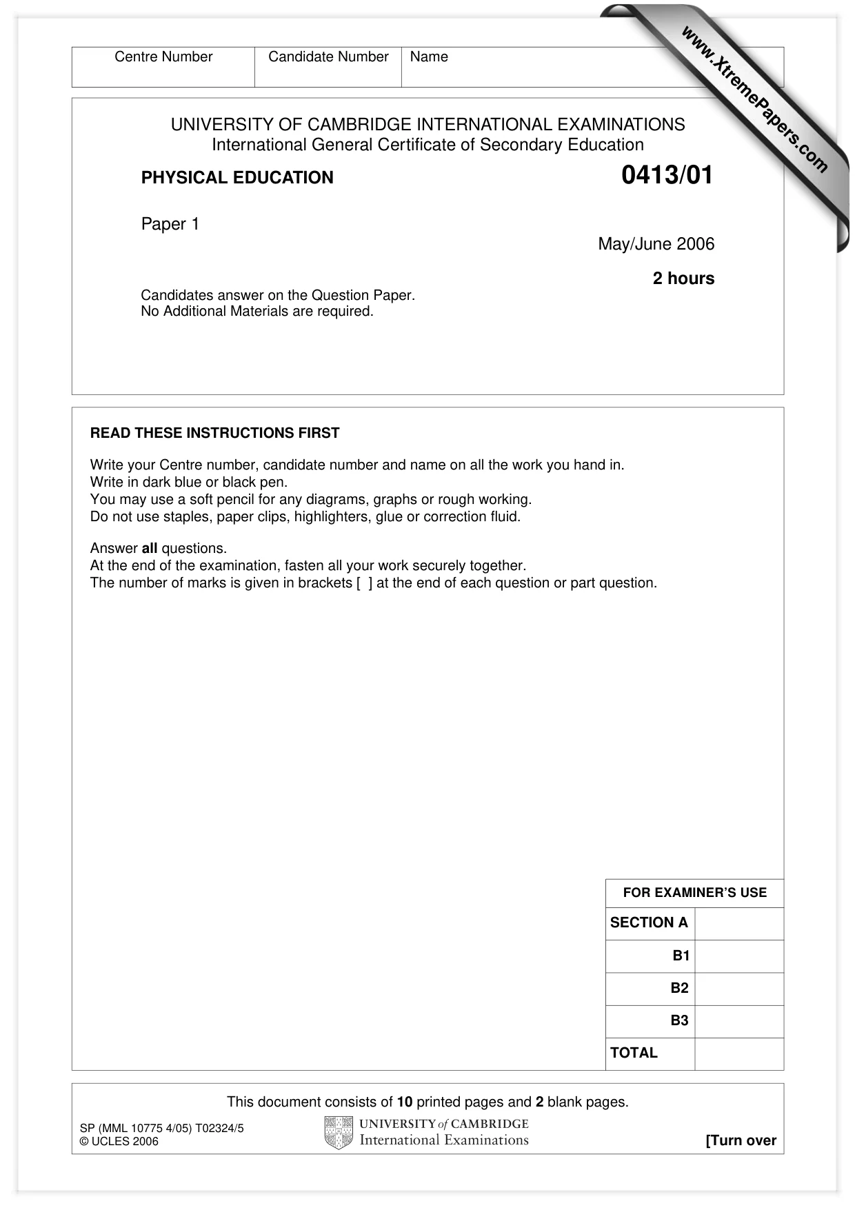 Cambridge IGCSE Physical Education 0413 2006 May/June Paper 1 · Variant 1 question paper, page 1 of 12