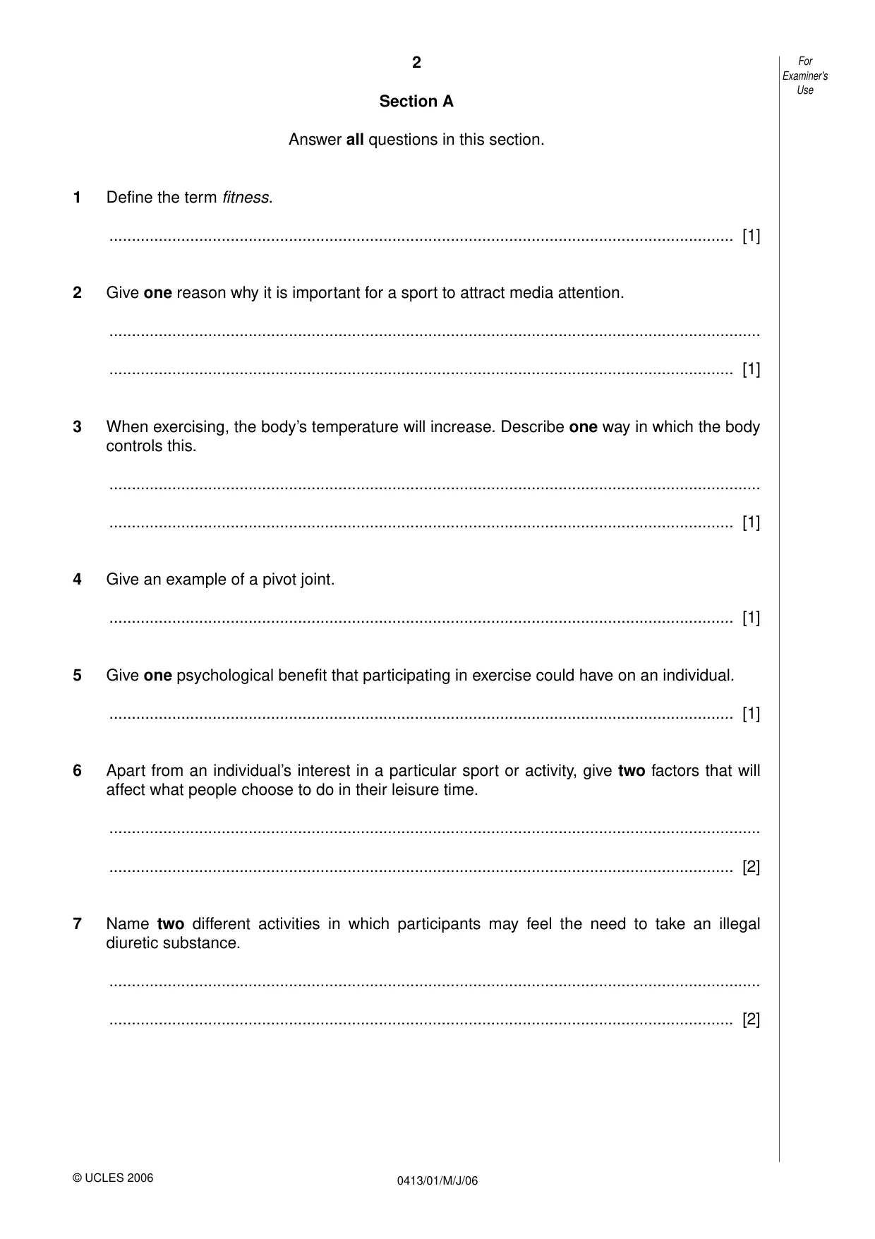 Cambridge IGCSE Physical Education 0413 2006 May/June Paper 1 · Variant 1 question paper, page 2 of 12