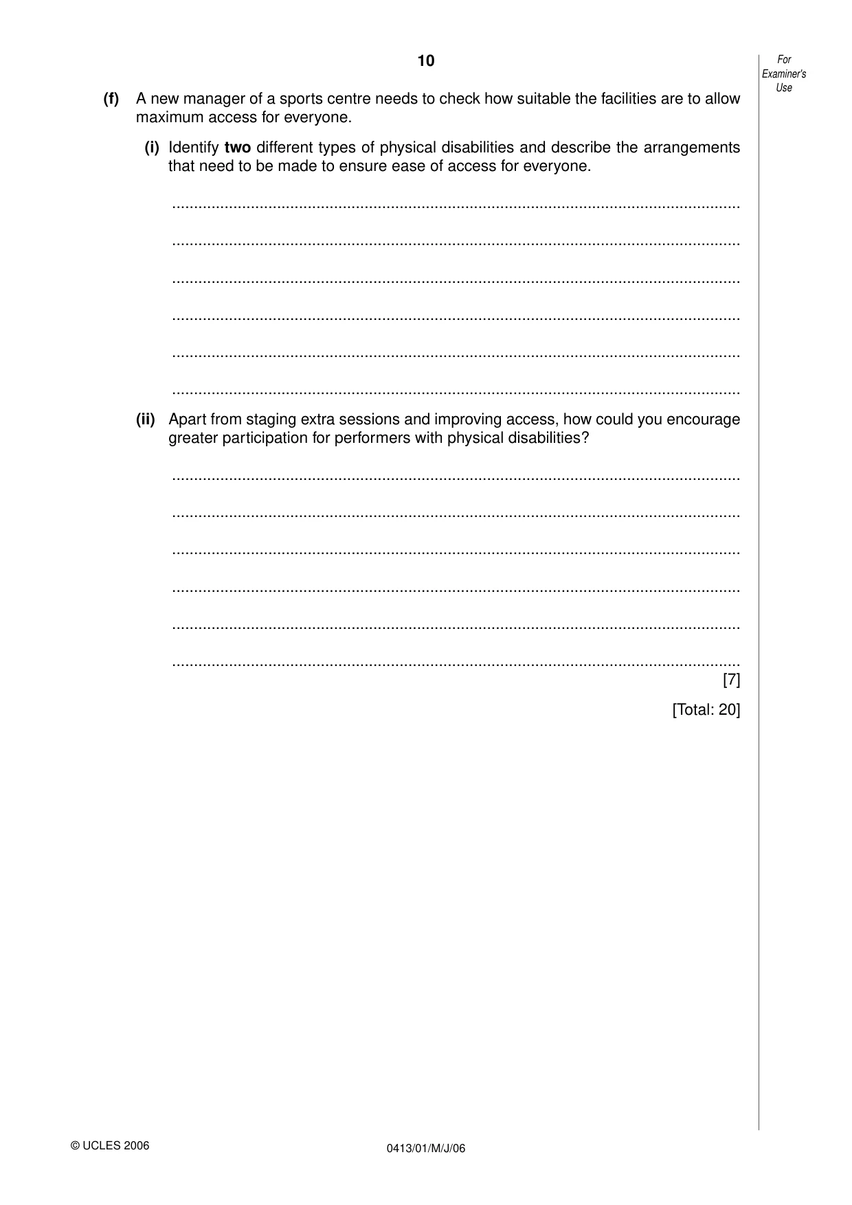 Cambridge IGCSE Physical Education 0413 2006 May/June Paper 1 · Variant 1 question paper, page 10 of 12