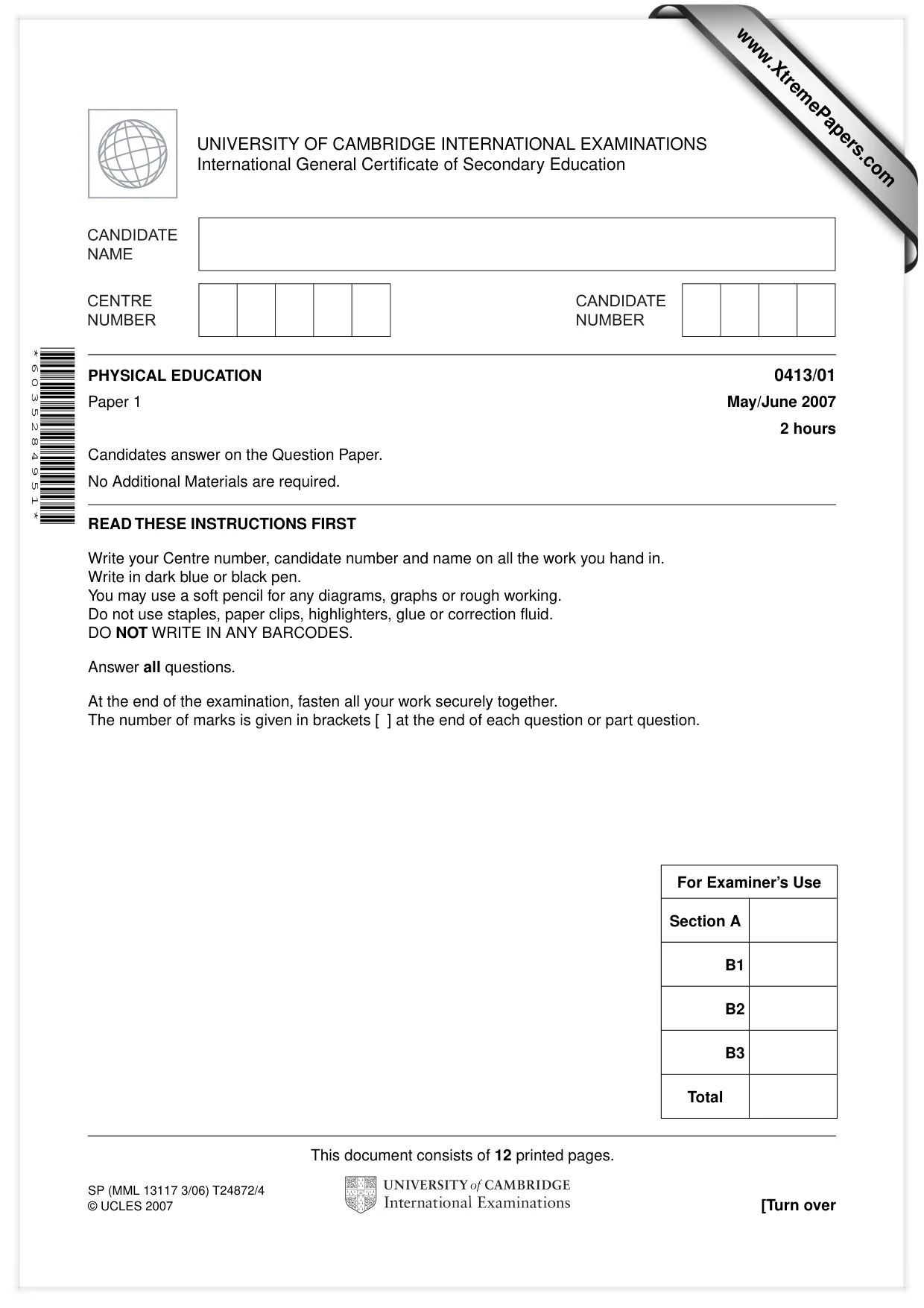 Cambridge IGCSE Physical Education 0413 2007 May/June Paper 1 · Variant 1 question paper, page 1 of 12