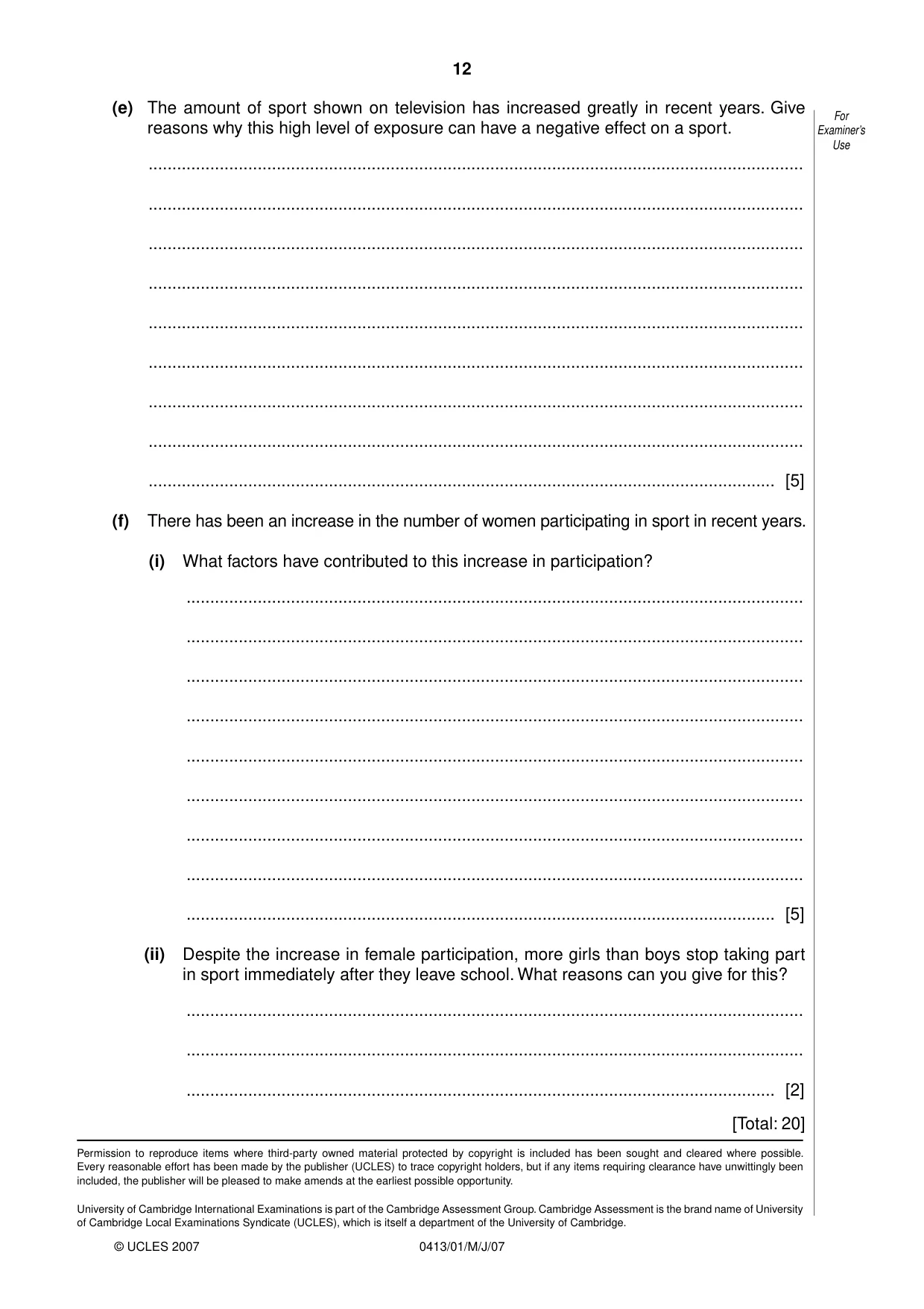 Cambridge IGCSE Physical Education 0413 2007 May/June Paper 1 · Variant 1 question paper, page 12 of 12