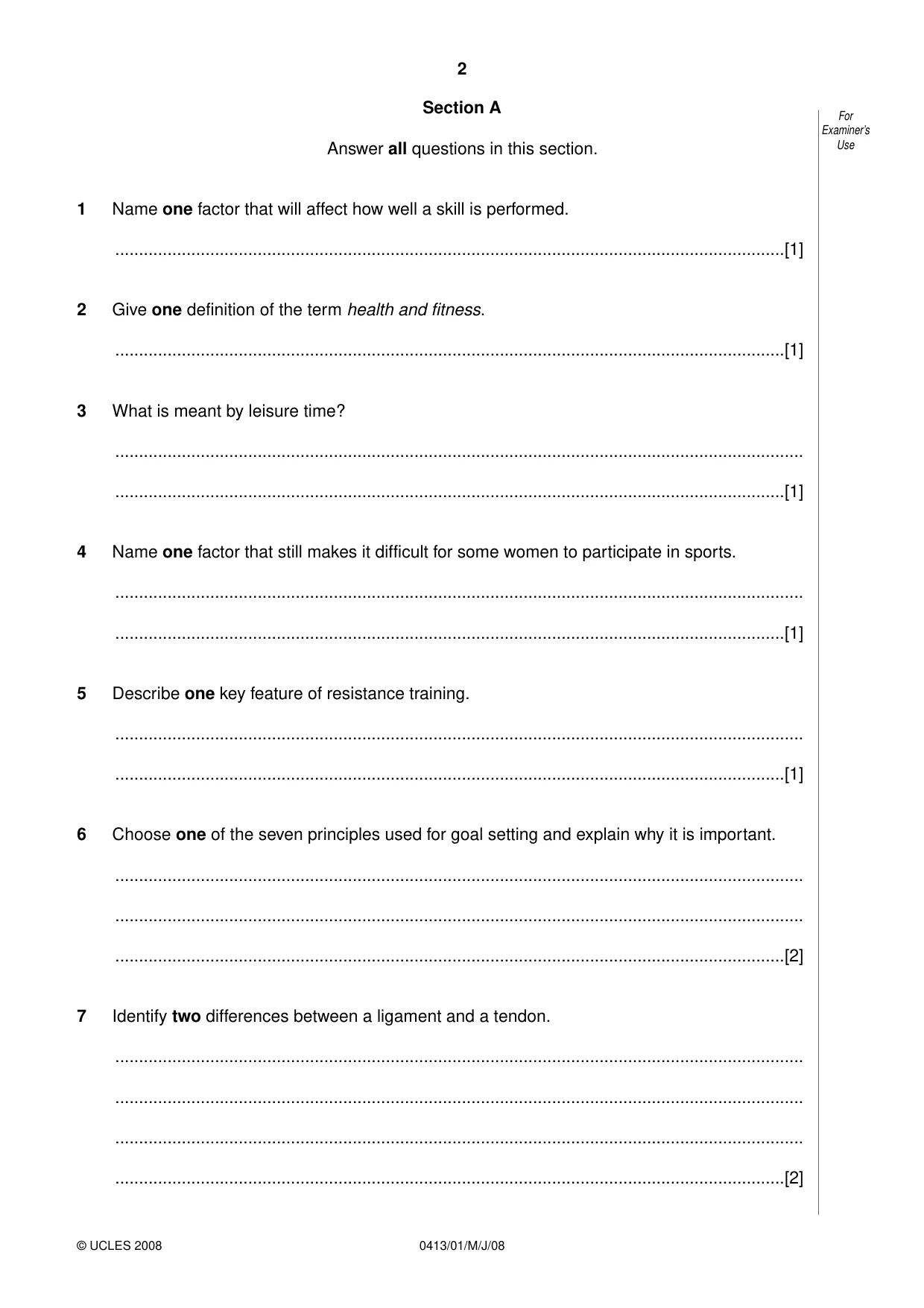 Cambridge IGCSE Physical Education 0413 2008 May/June Paper 1 · Variant 1 question paper, page 2 of 16