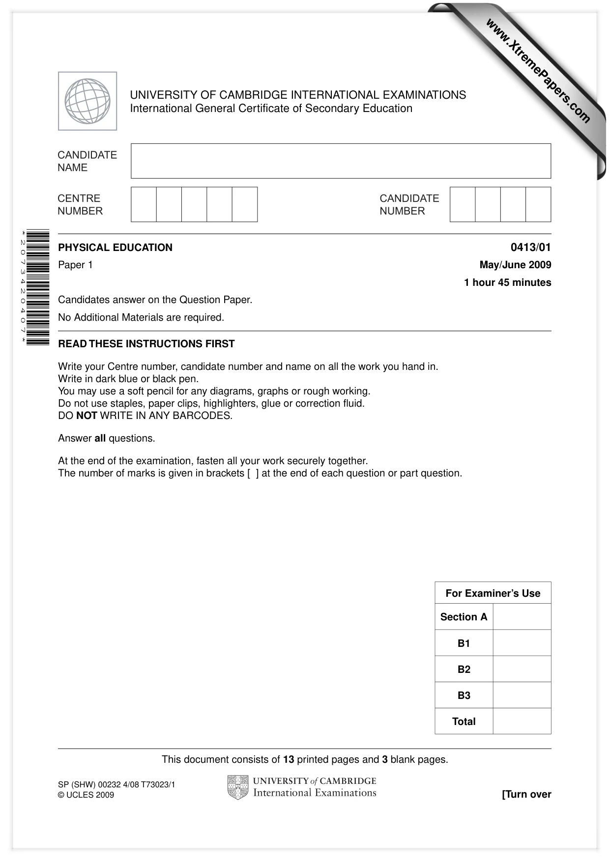 Cambridge IGCSE Physical Education 0413 2009 May/June Paper 1 · Variant 1 question paper, page 1 of 16