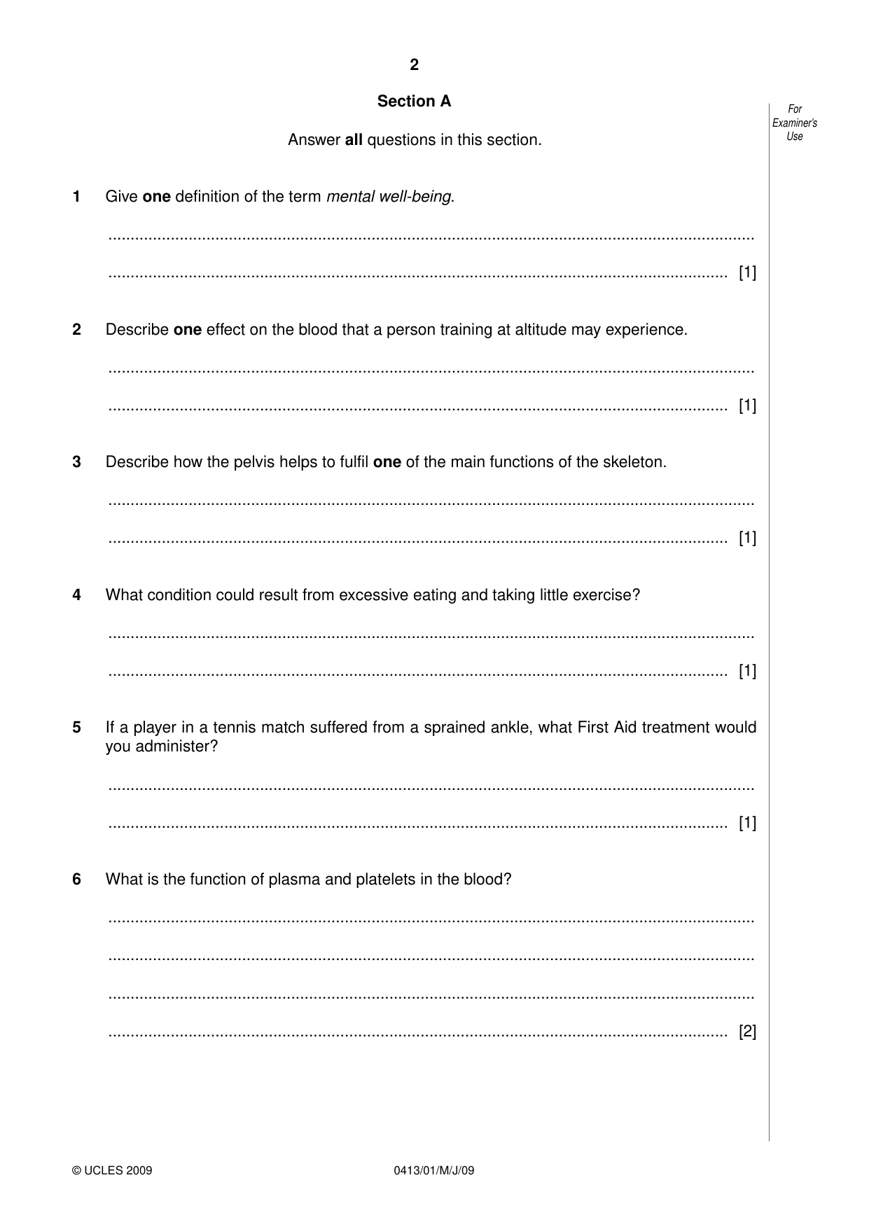 Cambridge IGCSE Physical Education 0413 2009 May/June Paper 1 · Variant 1 question paper, page 2 of 16