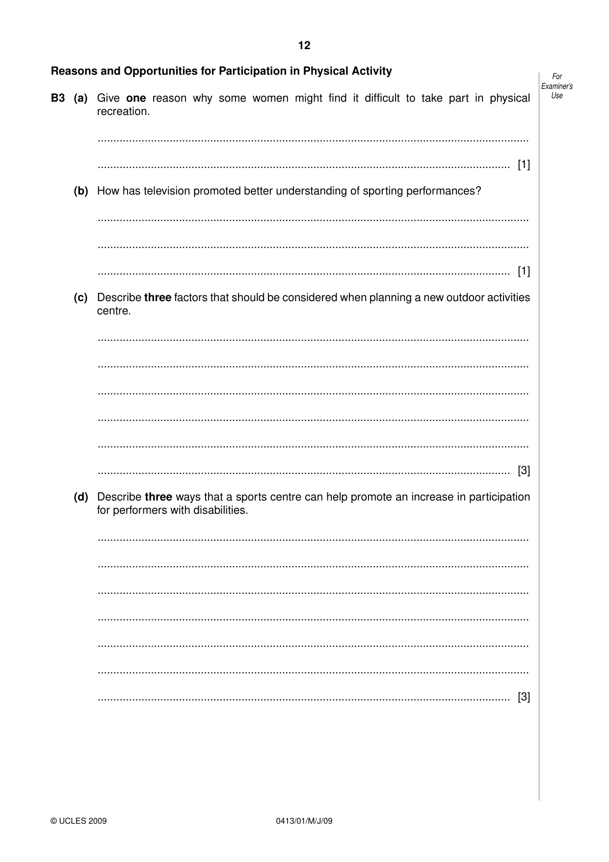 Cambridge IGCSE Physical Education 0413 2009 May/June Paper 1 · Variant 1 question paper, page 12 of 16