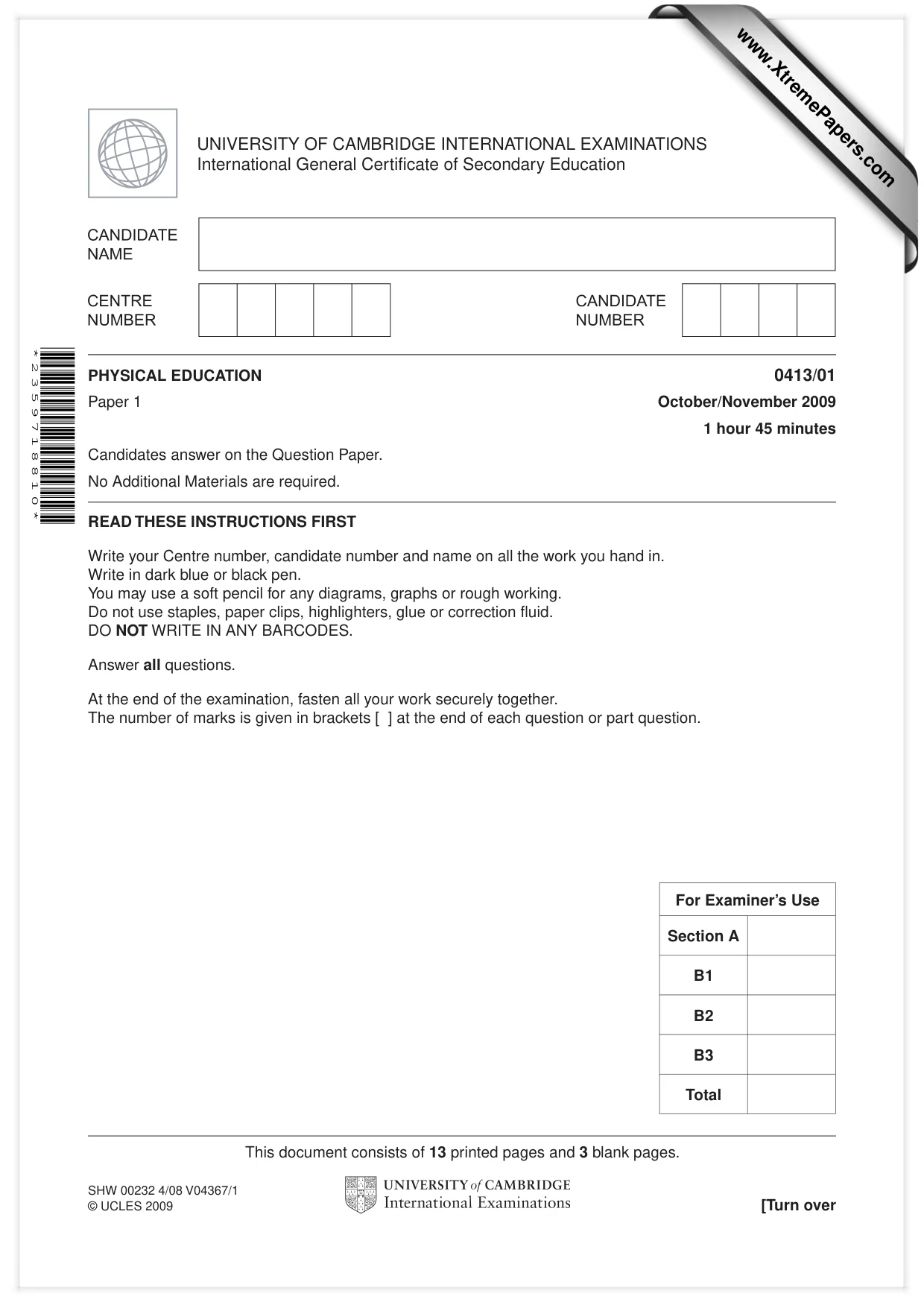 Cambridge IGCSE Physical Education 0413 2009 Oct/Nov Paper 1 · Variant 1 question paper, page 1 of 16
