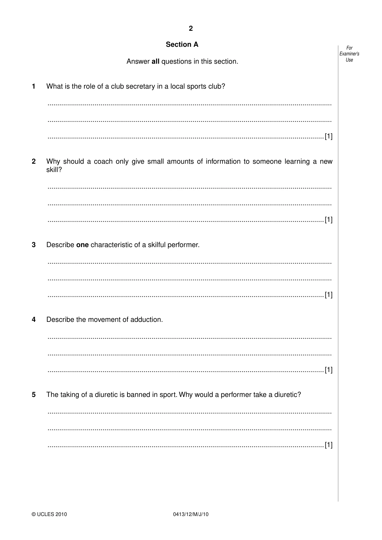 Cambridge IGCSE Physical Education 0413 2010 May/June Paper 1 · Variant 2 question paper, page 2 of 16
