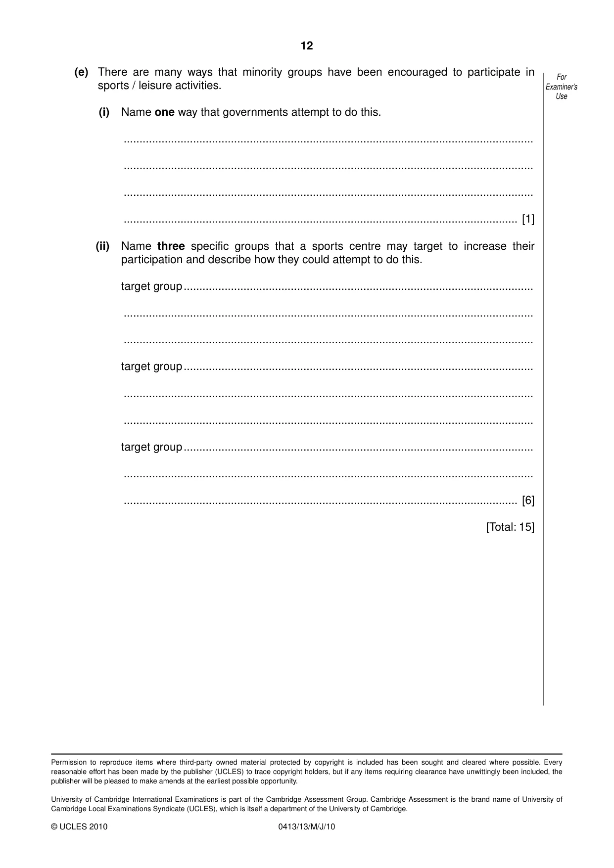 Cambridge IGCSE Physical Education 0413 2010 May/June Paper 1 · Variant 3 question paper, page 12 of 12