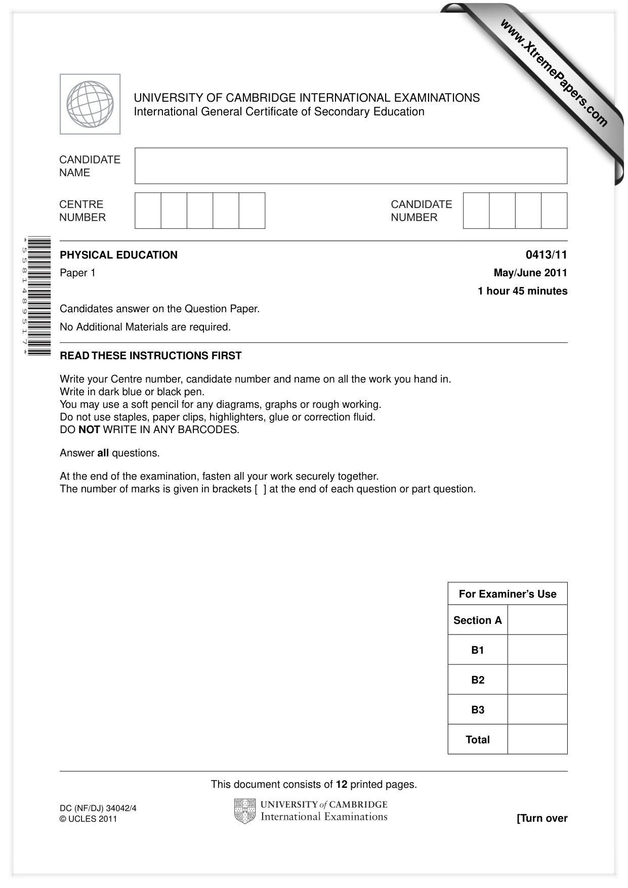 Cambridge IGCSE Physical Education 0413 2011 May/June Paper 1 · Variant 1 question paper, page 1 of 12
