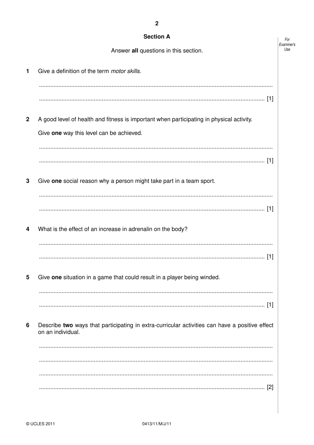 Cambridge IGCSE Physical Education 0413 2011 May/June Paper 1 · Variant 1 question paper, page 2 of 12