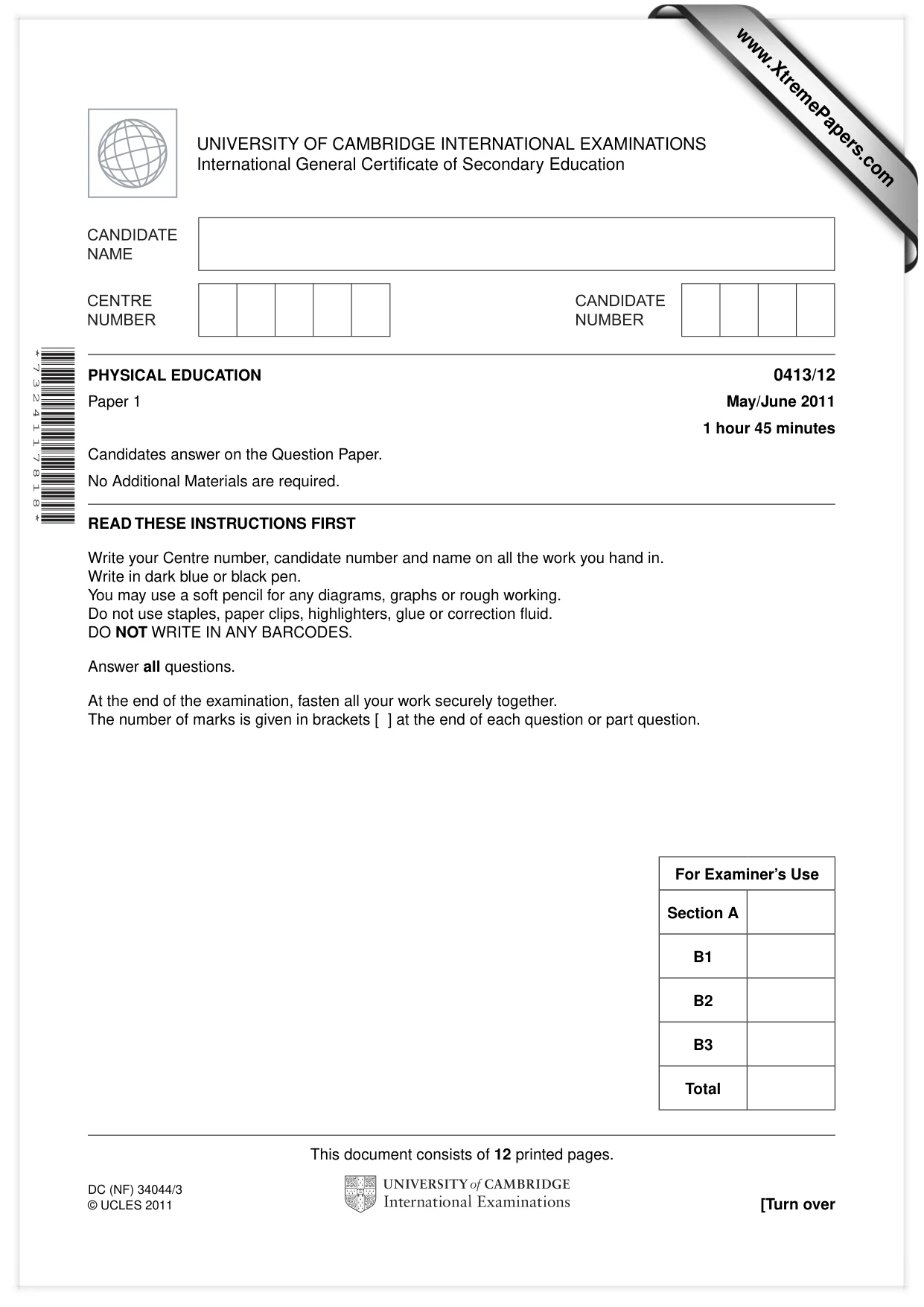 Cambridge IGCSE Physical Education 0413 2011 May/June Paper 1 · Variant 2 question paper, page 1 of 12