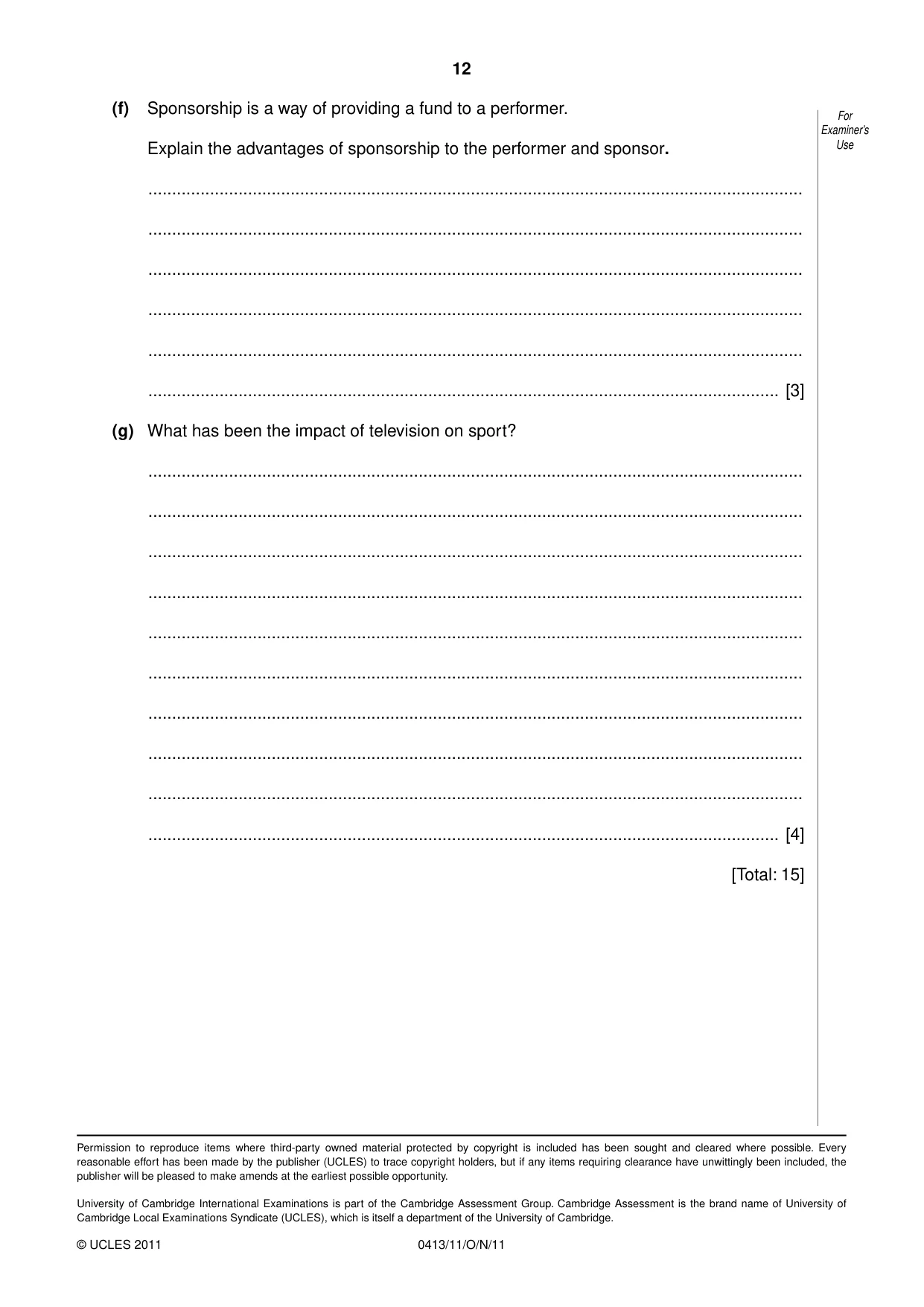 Cambridge IGCSE Physical Education 0413 2011 Oct/Nov Paper 1 · Variant 1 question paper, page 12 of 12