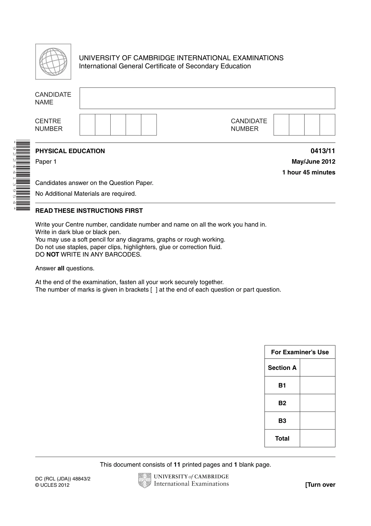 Cambridge IGCSE Physical Education 0413 2012 May/June Paper 1 · Variant 1 question paper, page 1 of 12