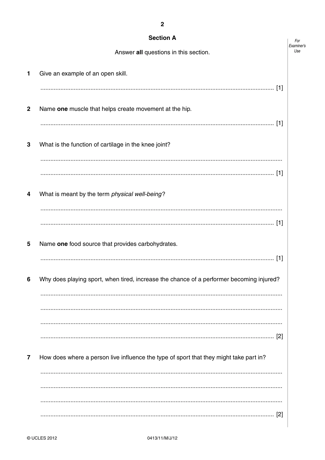 Cambridge IGCSE Physical Education 0413 2012 May/June Paper 1 · Variant 1 question paper, page 2 of 12