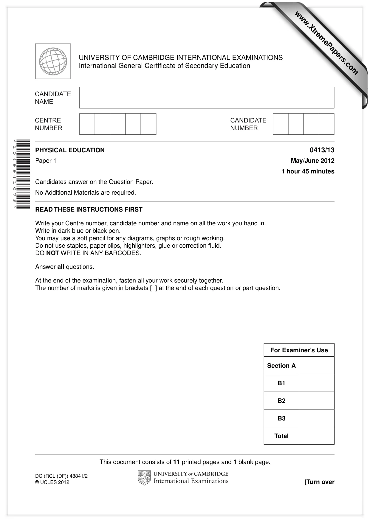 Cambridge IGCSE Physical Education 0413 2012 May/June Paper 1 · Variant 3 question paper, page 1 of 12