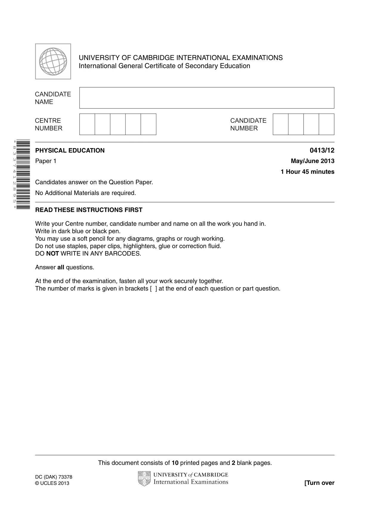 Cambridge IGCSE Physical Education 0413 2013 May/June Paper 1 · Variant 2 question paper, page 1 of 12