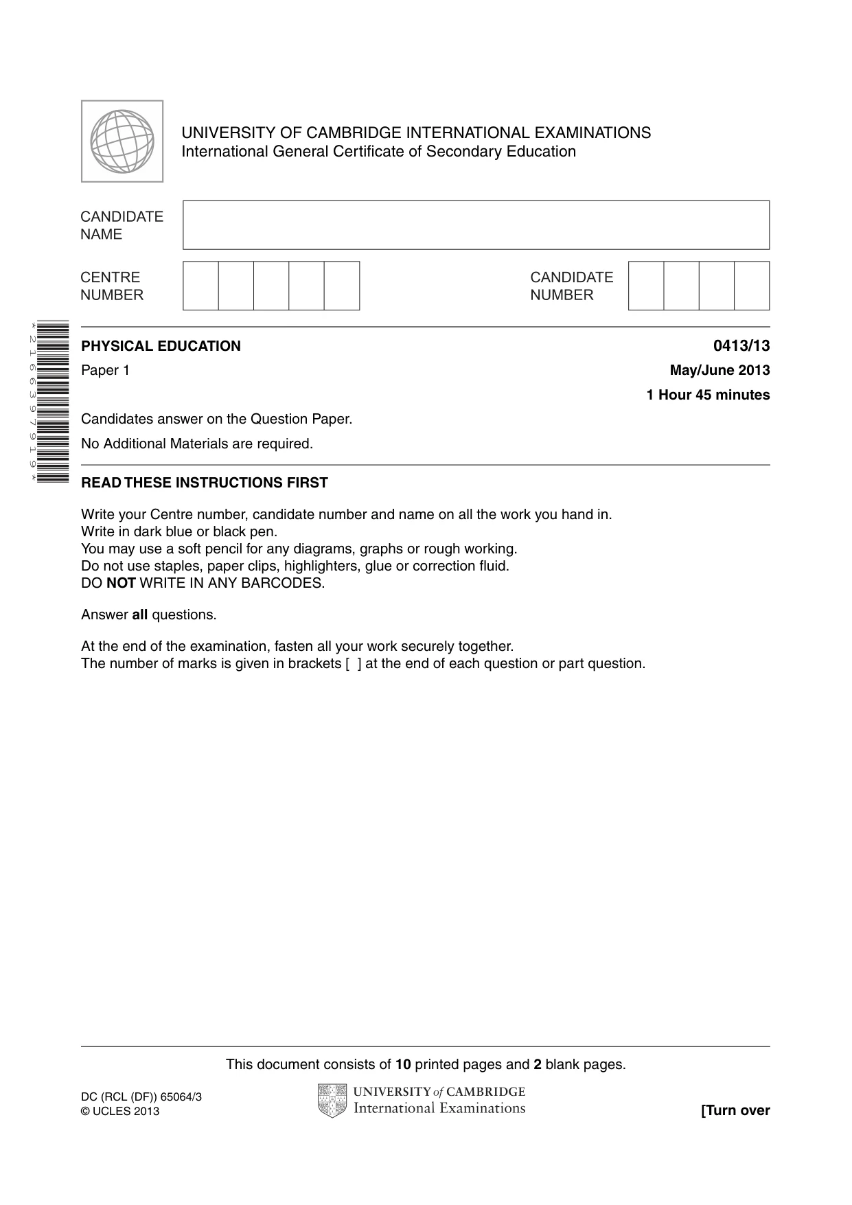 Cambridge IGCSE Physical Education 0413 2013 May/June Paper 1 · Variant 3 question paper, page 1 of 12