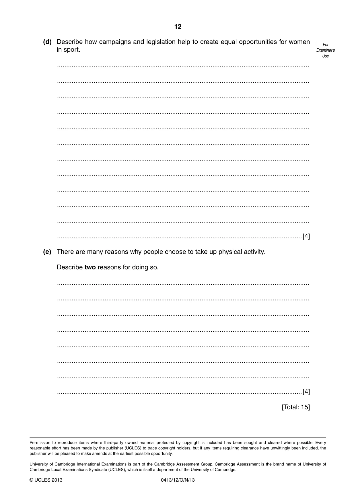 Cambridge IGCSE Physical Education 0413 2013 Oct/Nov Paper 1 · Variant 2 question paper, page 12 of 12