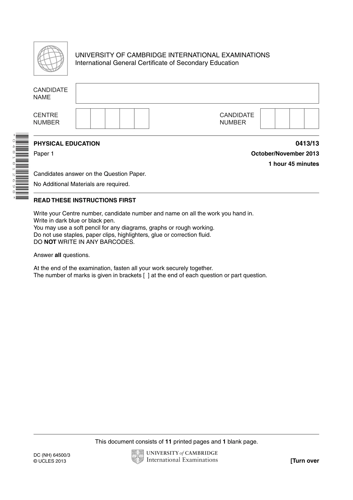 Cambridge IGCSE Physical Education 0413 2013 Oct/Nov Paper 1 · Variant 3 question paper, page 1 of 12