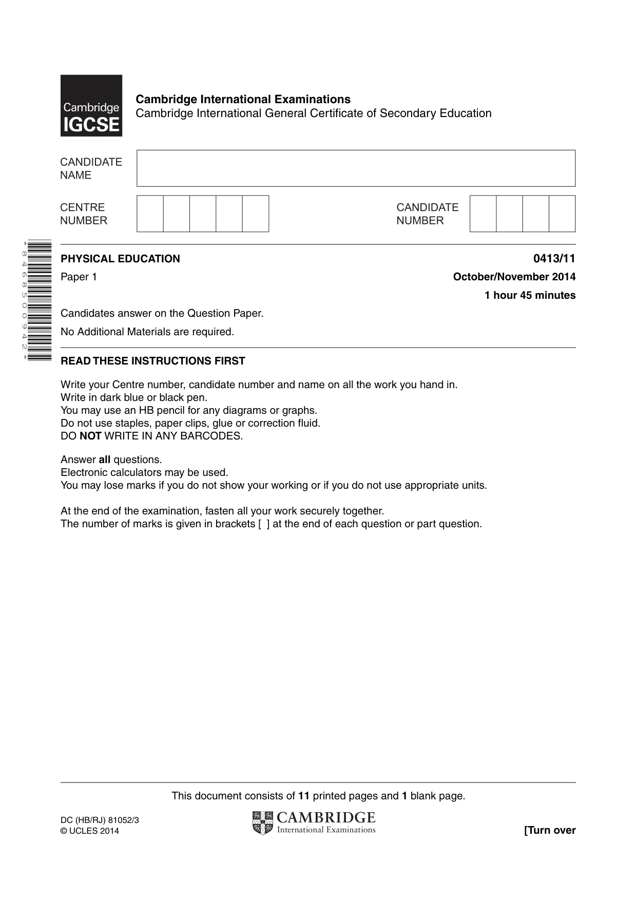 Cambridge IGCSE Physical Education 0413 2014 Oct/Nov Paper 1 · Variant 1 question paper, page 1 of 12