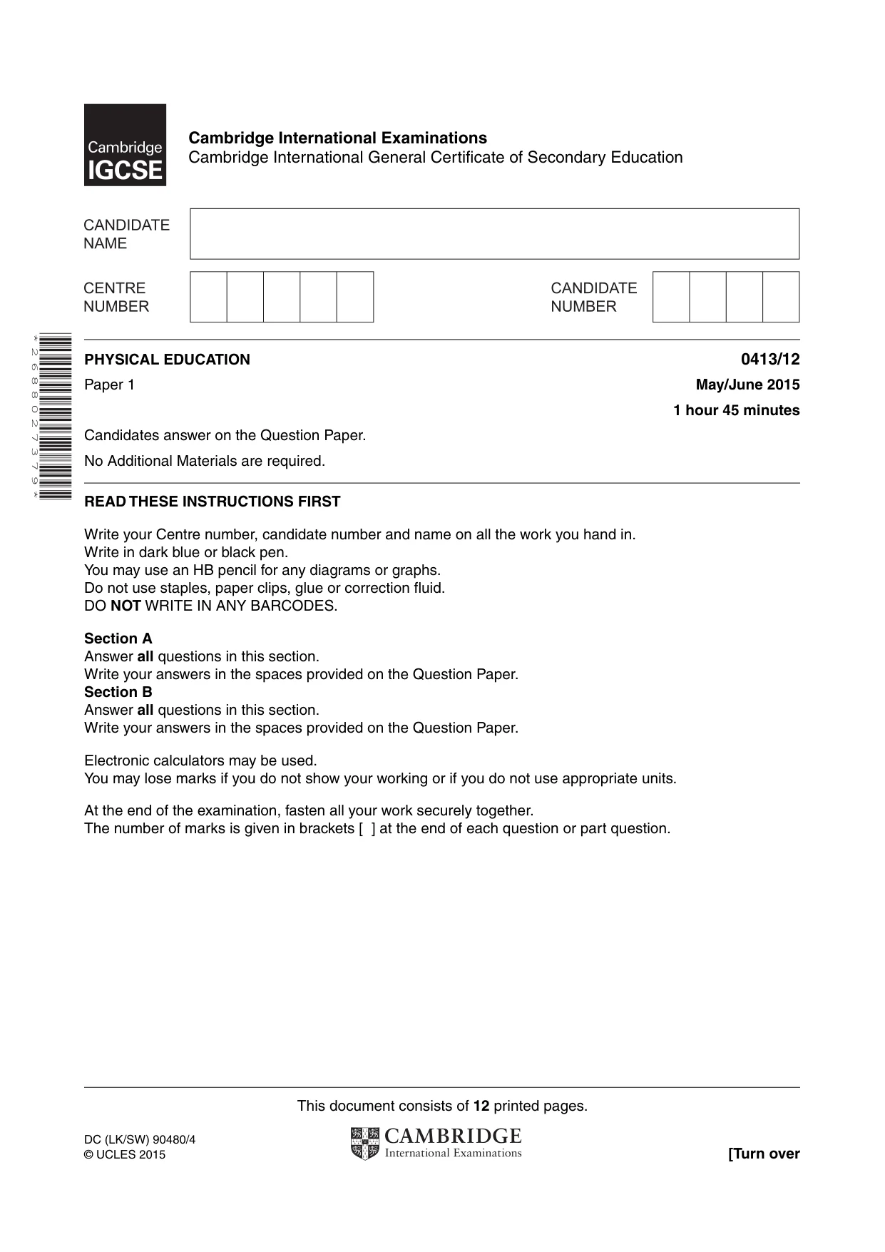 Cambridge IGCSE Physical Education 0413 2015 May/June Paper 1 · Variant 2 question paper, page 1 of 12