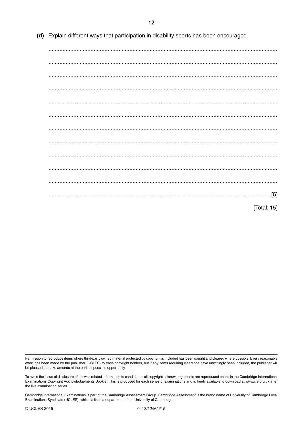 Cambridge IGCSE Physical Education 0413 2015 May/June Paper 1 · Variant 2 question paper, page 12 of 12