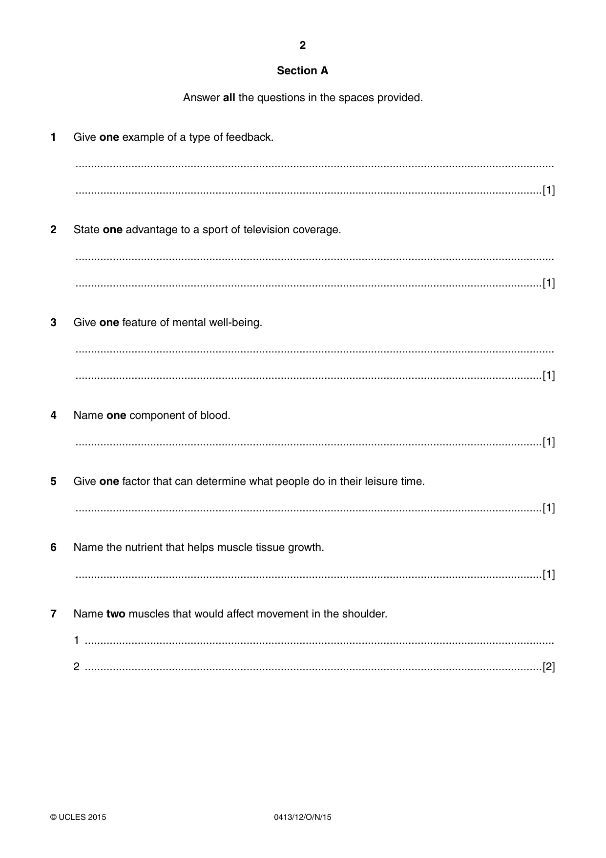 Cambridge IGCSE Physical Education 0413 2015 Oct/Nov Paper 1 · Variant 2 question paper, page 2 of 12