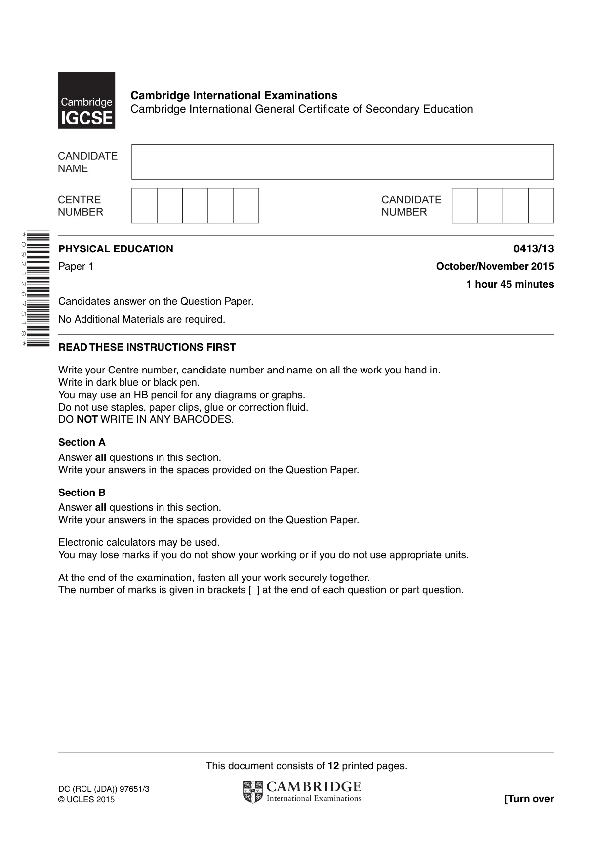 Cambridge IGCSE Physical Education 0413 2015 Oct/Nov Paper 1 · Variant 3 question paper, page 1 of 12