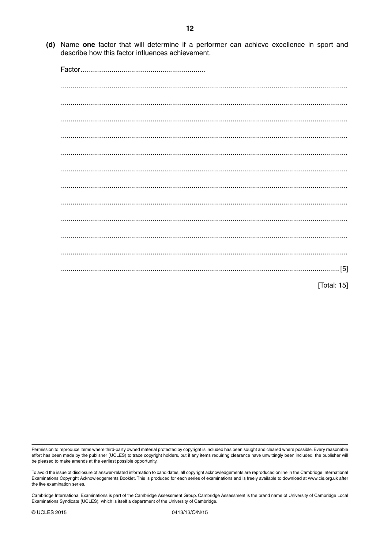 Cambridge IGCSE Physical Education 0413 2015 Oct/Nov Paper 1 · Variant 3 question paper, page 12 of 12
