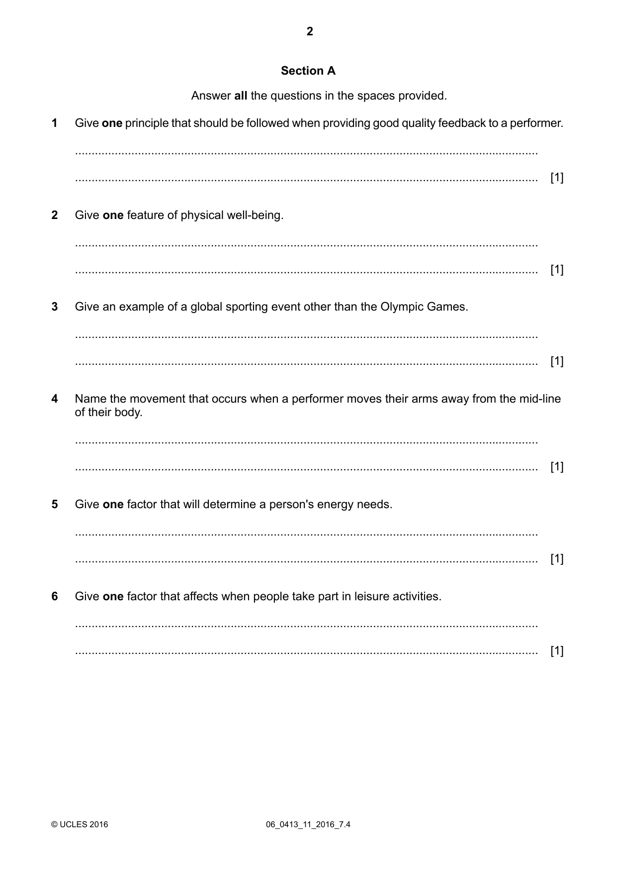 Cambridge IGCSE Physical Education 0413 2016 May/June Paper 1 · Variant 1 question paper, page 2 of 16