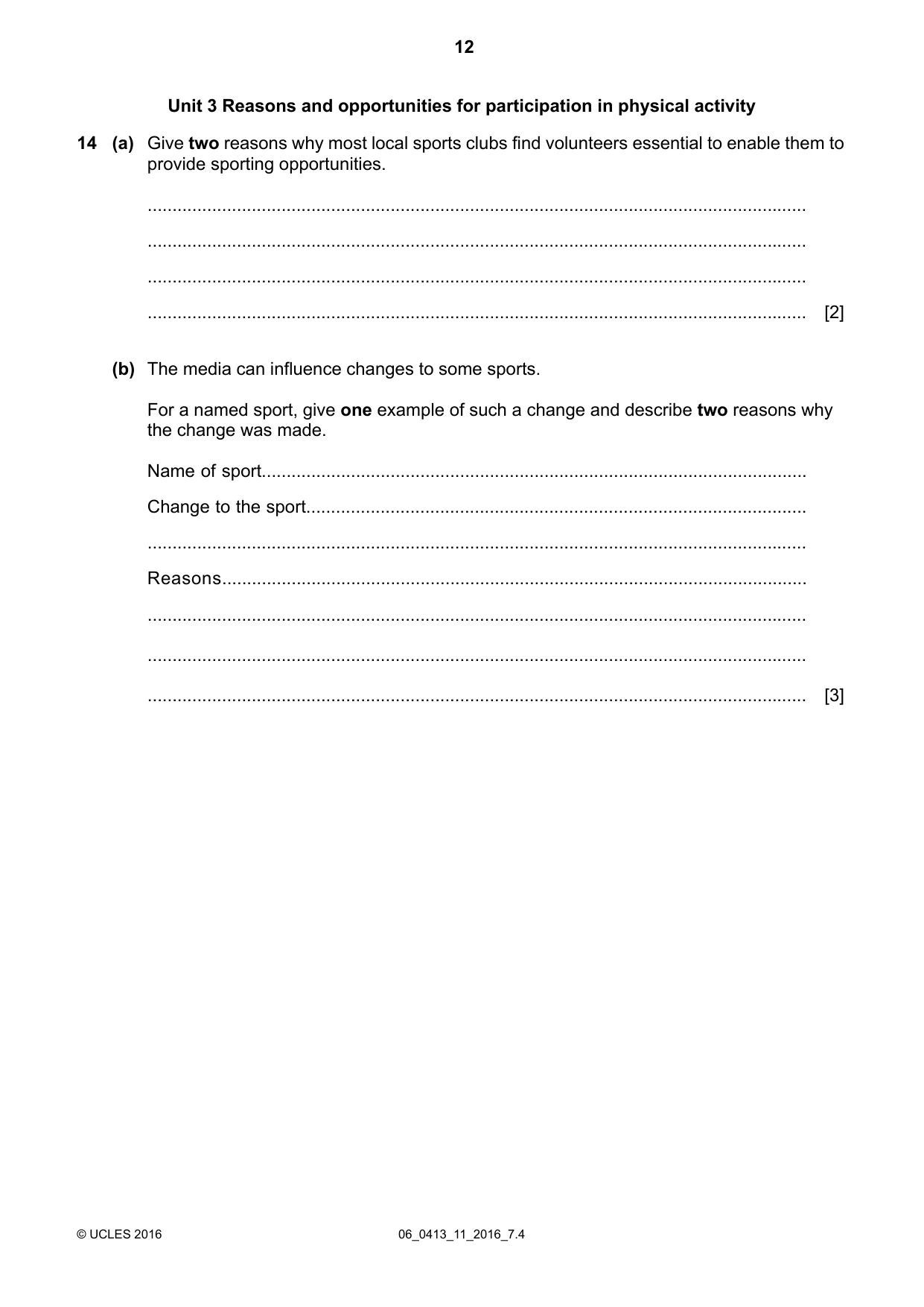 Cambridge IGCSE Physical Education 0413 2016 May/June Paper 1 · Variant 1 question paper, page 12 of 16