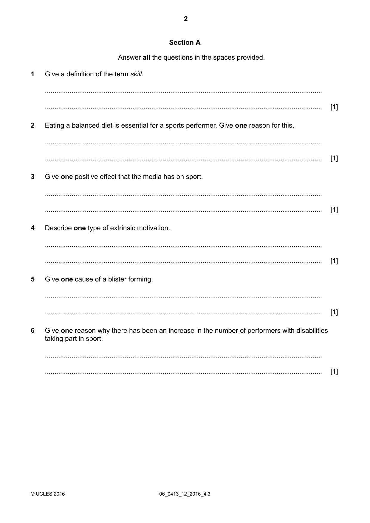 Cambridge IGCSE Physical Education 0413 2016 May/June Paper 1 · Variant 2 question paper, page 2 of 12