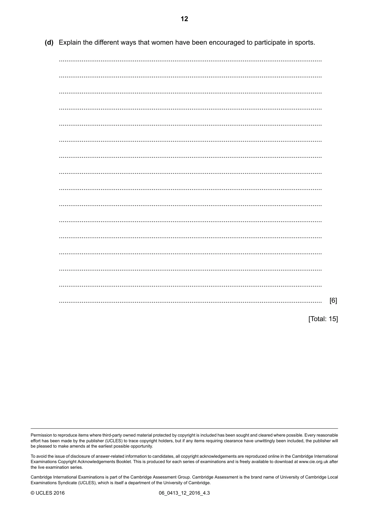 Cambridge IGCSE Physical Education 0413 2016 May/June Paper 1 · Variant 2 question paper, page 12 of 12