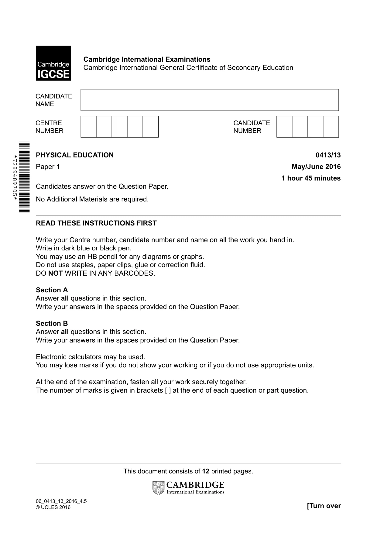 Cambridge IGCSE Physical Education 0413 2016 May/June Paper 1 · Variant 3 question paper, page 1 of 12