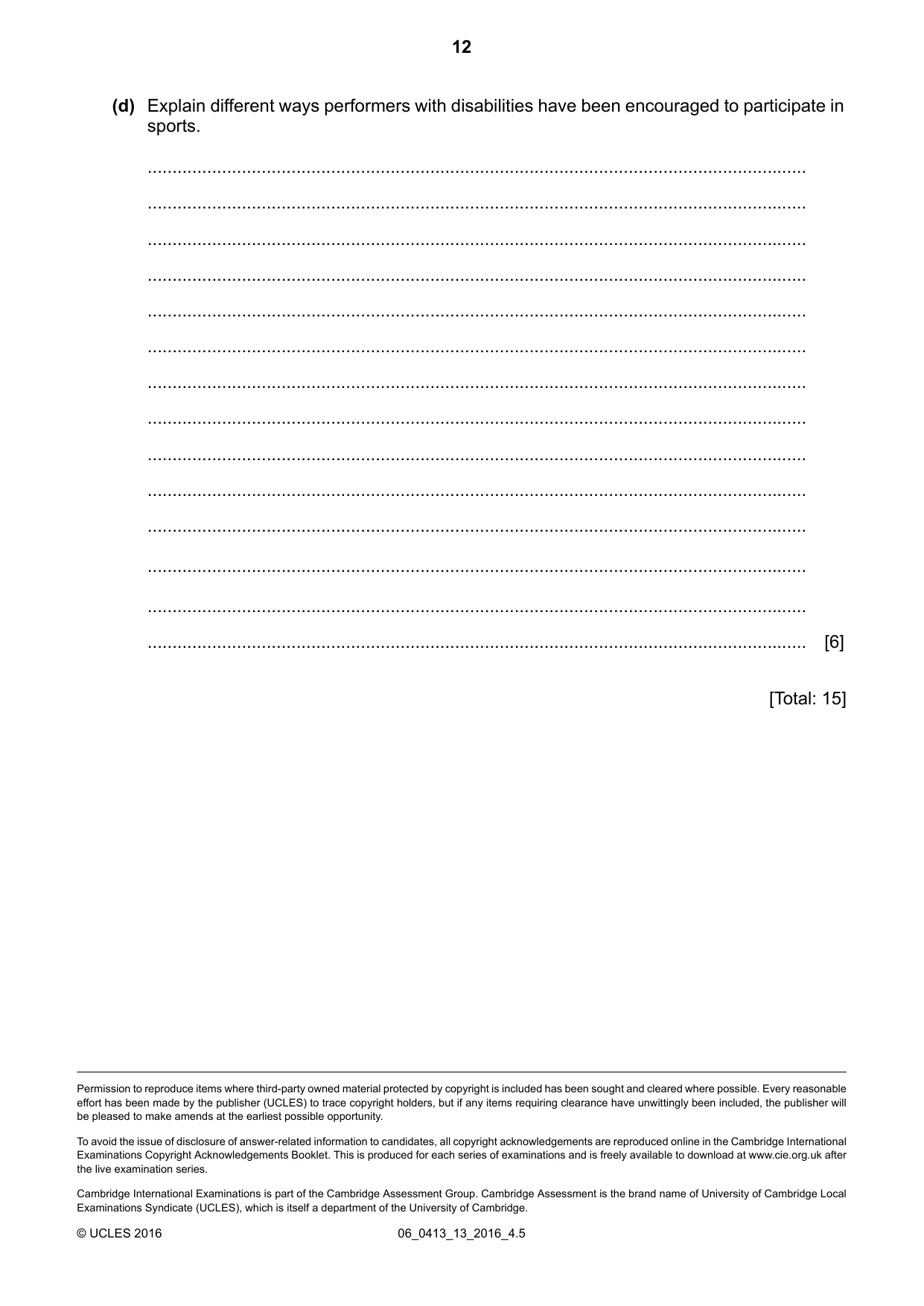 Cambridge IGCSE Physical Education 0413 2016 May/June Paper 1 · Variant 3 question paper, page 12 of 12