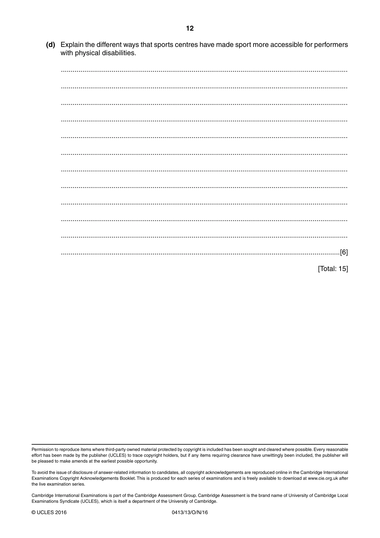 Cambridge IGCSE Physical Education 0413 2016 Oct/Nov Paper 1 · Variant 3 question paper, page 12 of 12