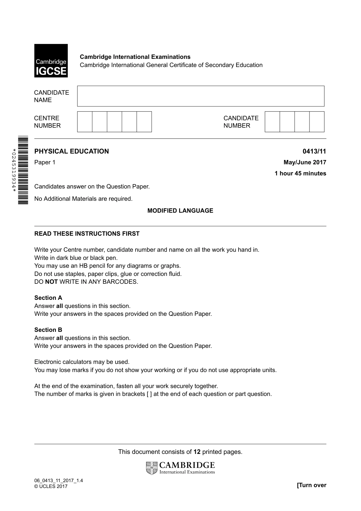 Cambridge IGCSE Physical Education 0413 2017 May/June Paper 1 · Variant 1 question paper, page 1 of 12