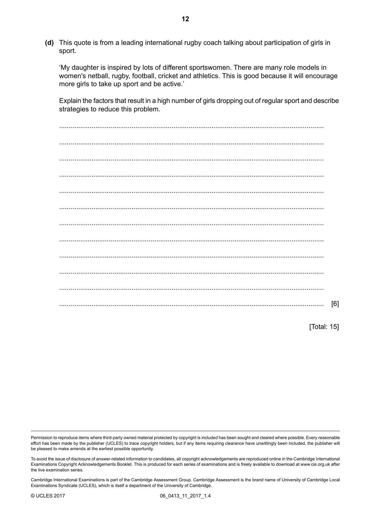 Cambridge IGCSE Physical Education 0413 2017 May/June Paper 1 · Variant 1 question paper, page 12 of 12