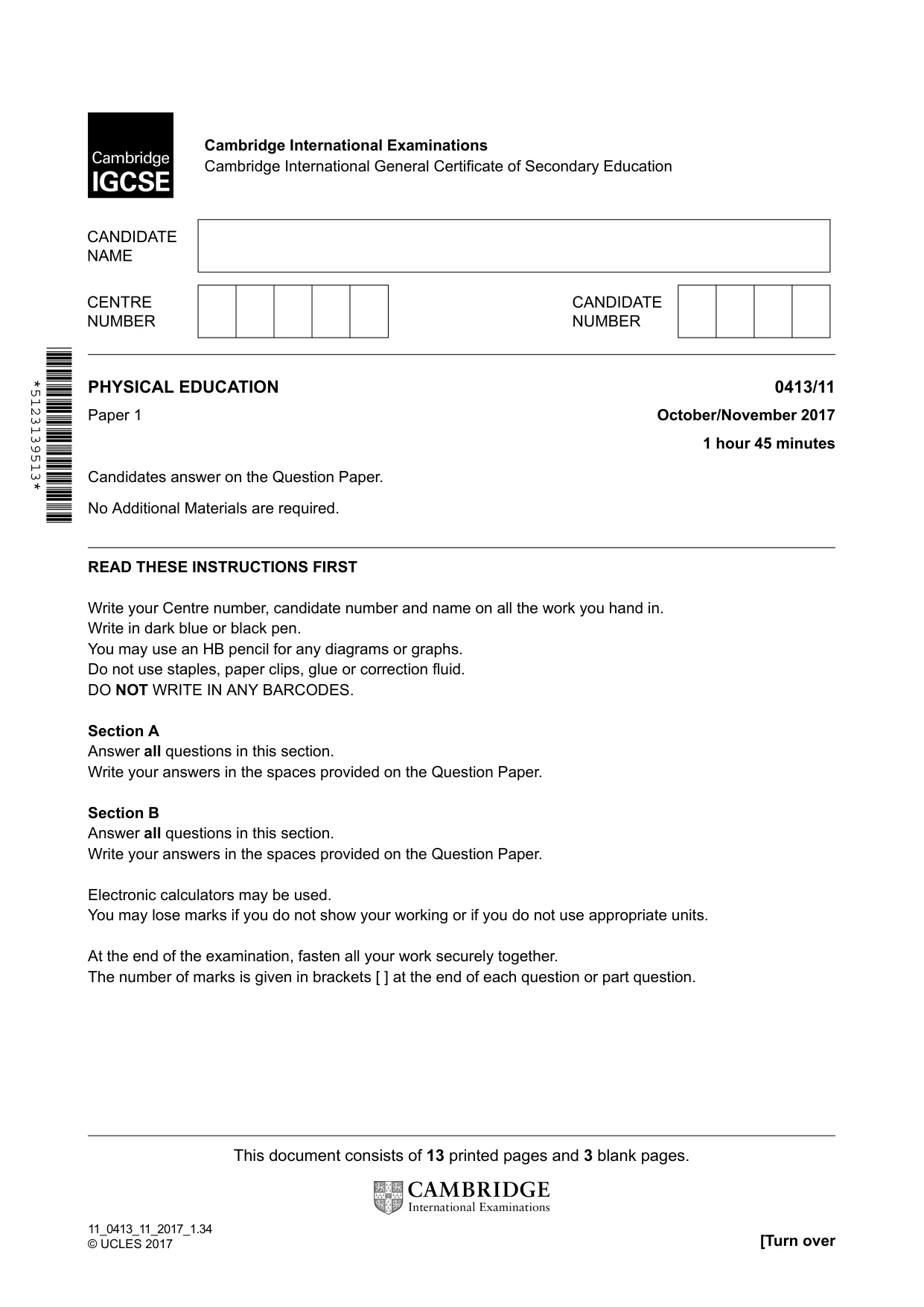 Cambridge IGCSE Physical Education 0413 2017 Oct/Nov Paper 1 · Variant 1 question paper, page 1 of 16