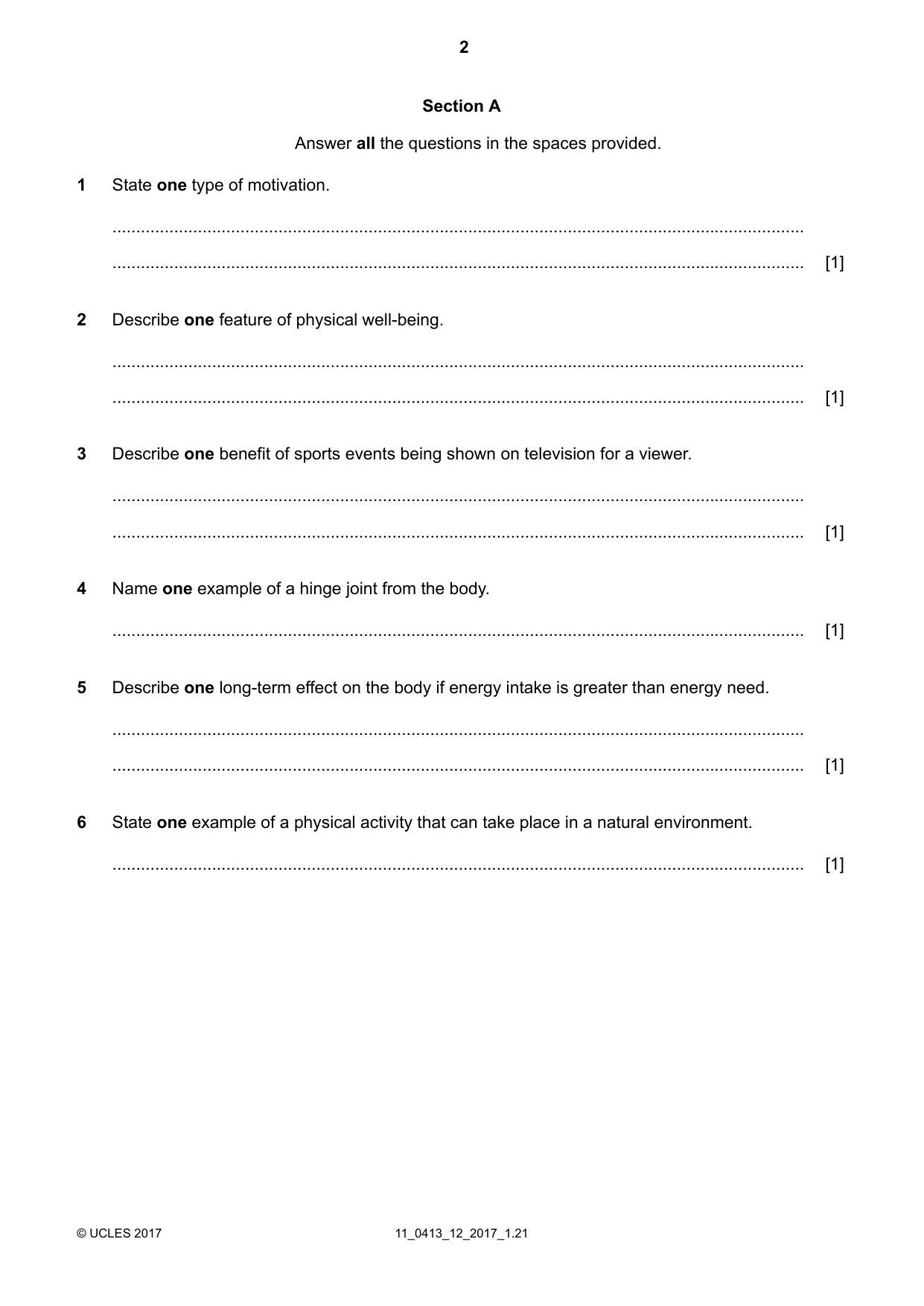 Cambridge IGCSE Physical Education 0413 2017 Oct/Nov Paper 1 · Variant 2 question paper, page 2 of 16