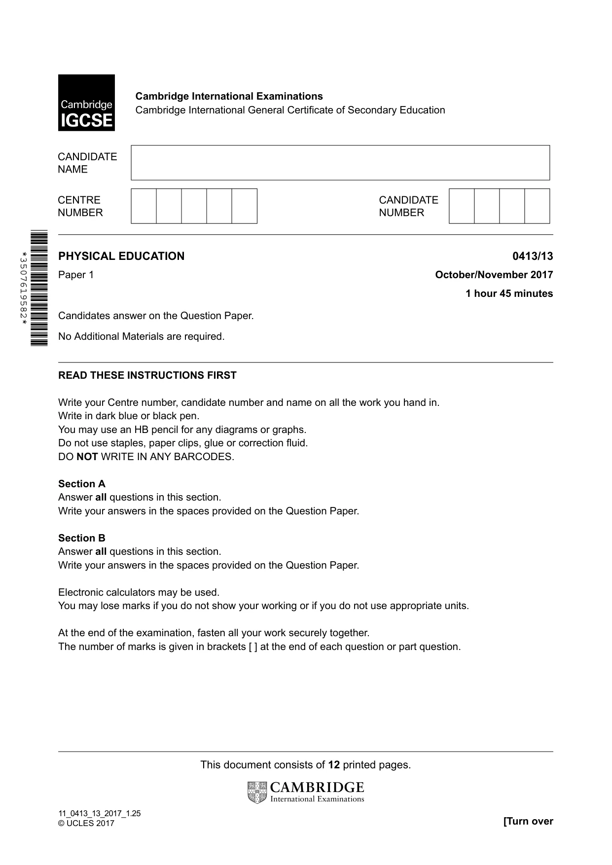 Cambridge IGCSE Physical Education 0413 2017 Oct/Nov Paper 1 · Variant 3 question paper, page 1 of 12